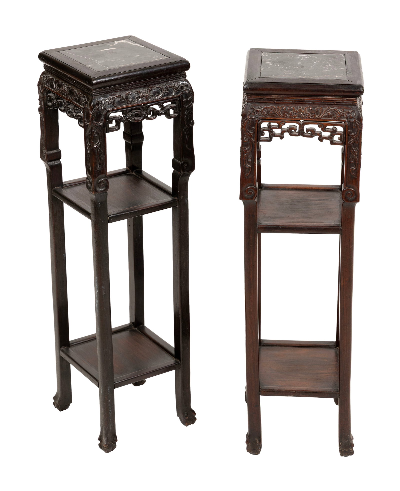 PAIR OF CHINESE TALL CARVED WOOD STANDS 19th Century Heights 32.5". Tops 9" x 9".: PAIR OF CHINESE TALL CARVED WOOD STANDS 19th Century Tops inset with black marble. Beautifully carved and pierced bases with two shelves. Heights 32.5". Tops 9" x 9". Provenance: The Estate of Dr. Wil