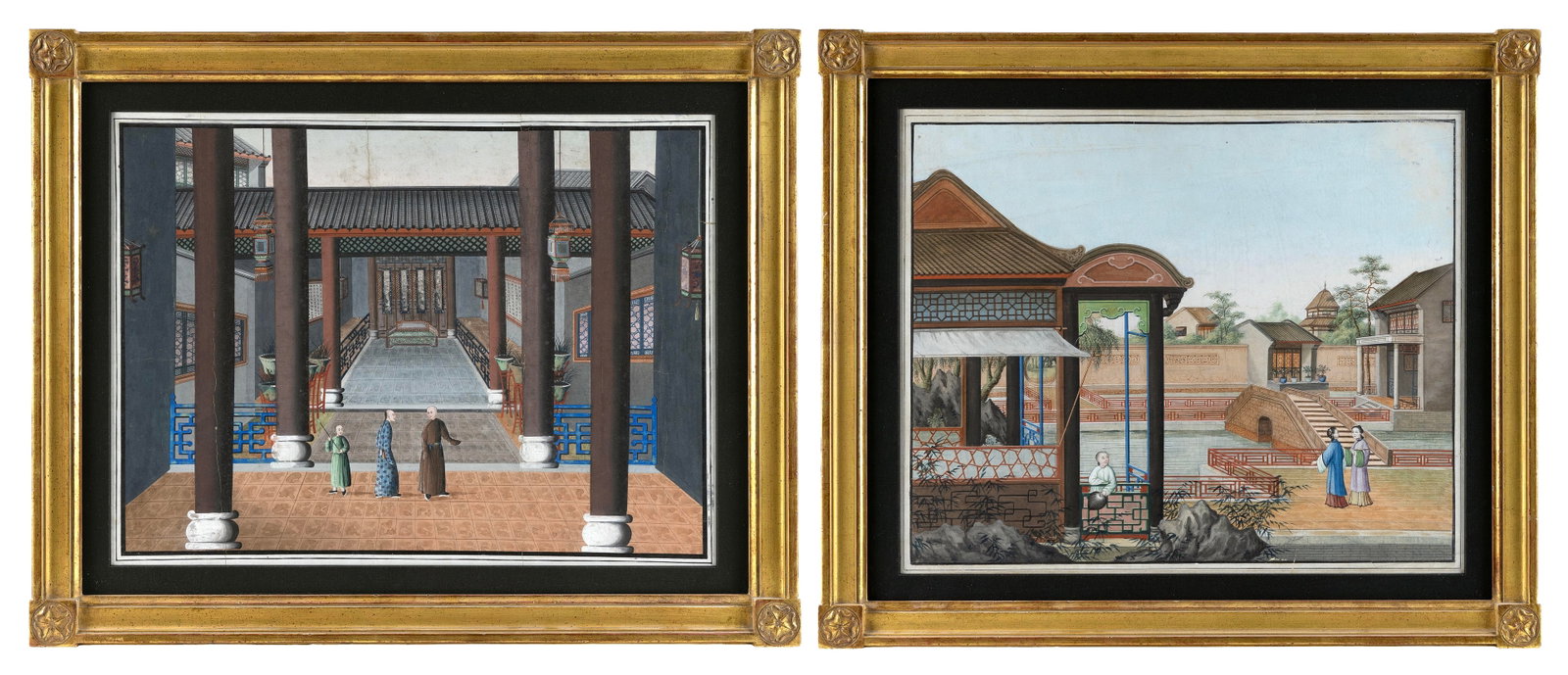 CHINESE SCHOOL (19th Century,), Pair of Chinese Export views of an official's house, Gouaches on (1 of 3)