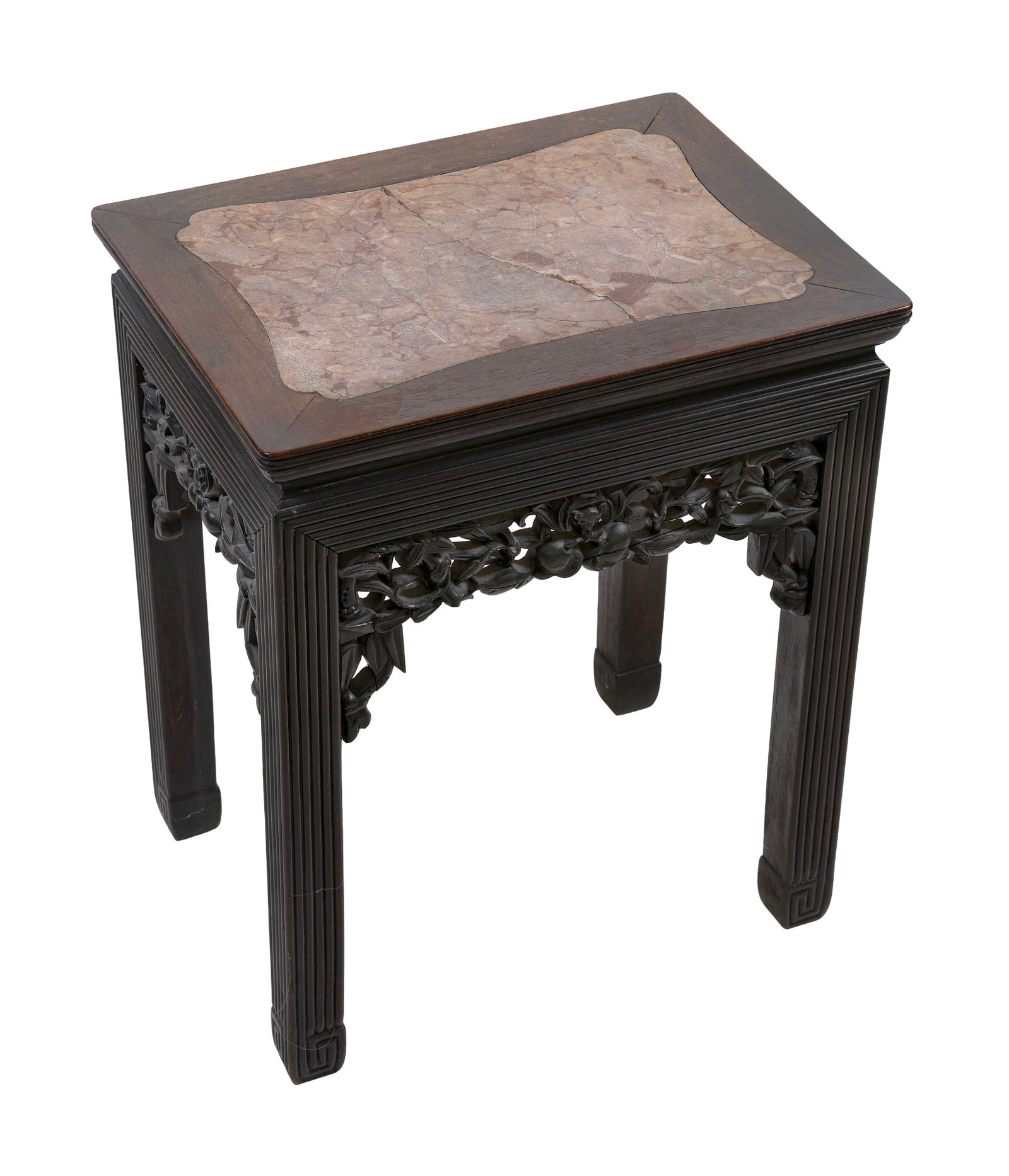 CHINESE CARVED WOOD TABORET WITH ROUGE MARBLE TOP Late 19th Century Height 21". Top 13" x 17". (1 of 1)