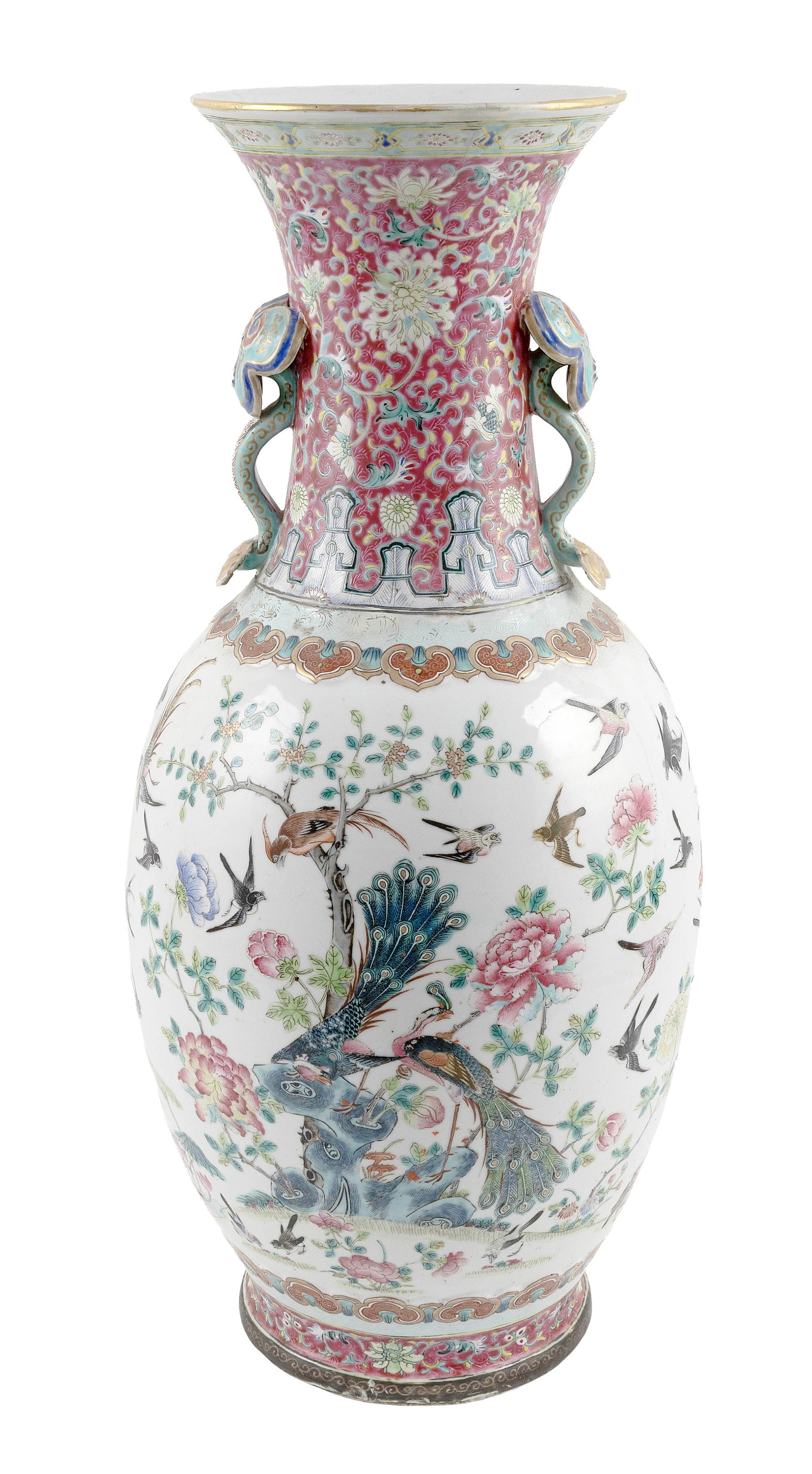 CHINESE FAMILLE ROSE PORCELAIN BALUSTER VASE 19th Century Height 24".: CHINESE FAMILLE ROSE PORCELAIN BALUSTER VASE 19th Century Applied ruyi scepter-form handles at neck. Body with continuous decoration of cranes and peonies amidst rockery, with lappets at the shoulder 