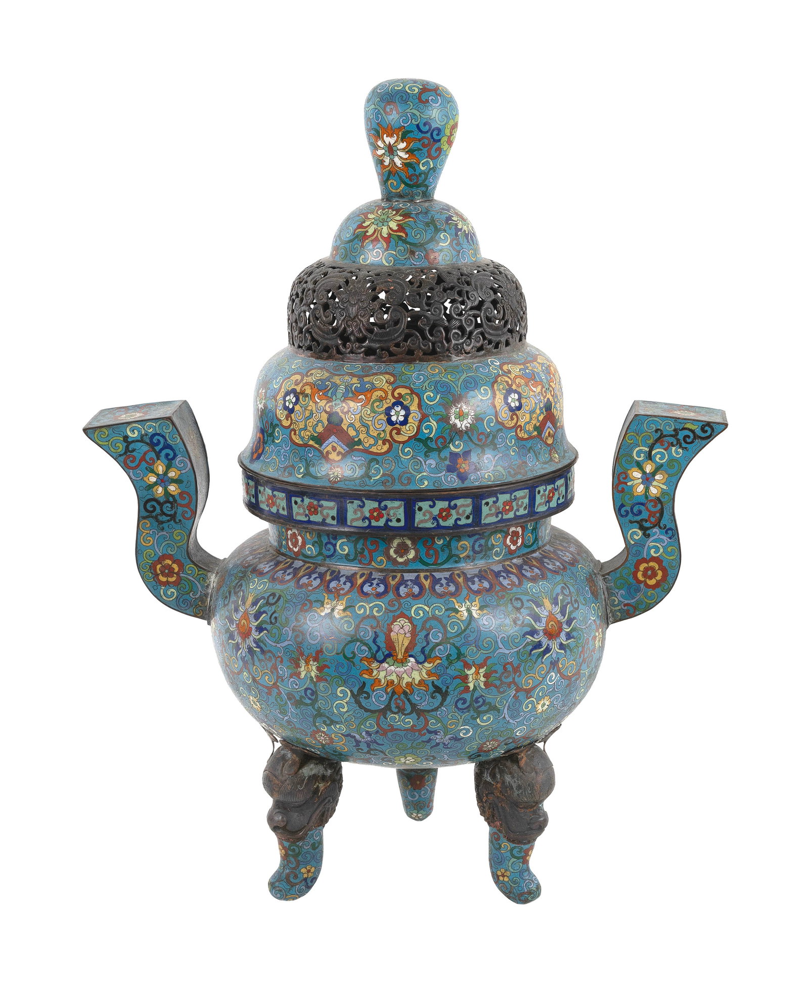 IMPRESSIVE CHINESE CLOISONNE ENAMEL CENSER 19th Century Height 29". Width 22". (1 of 1)