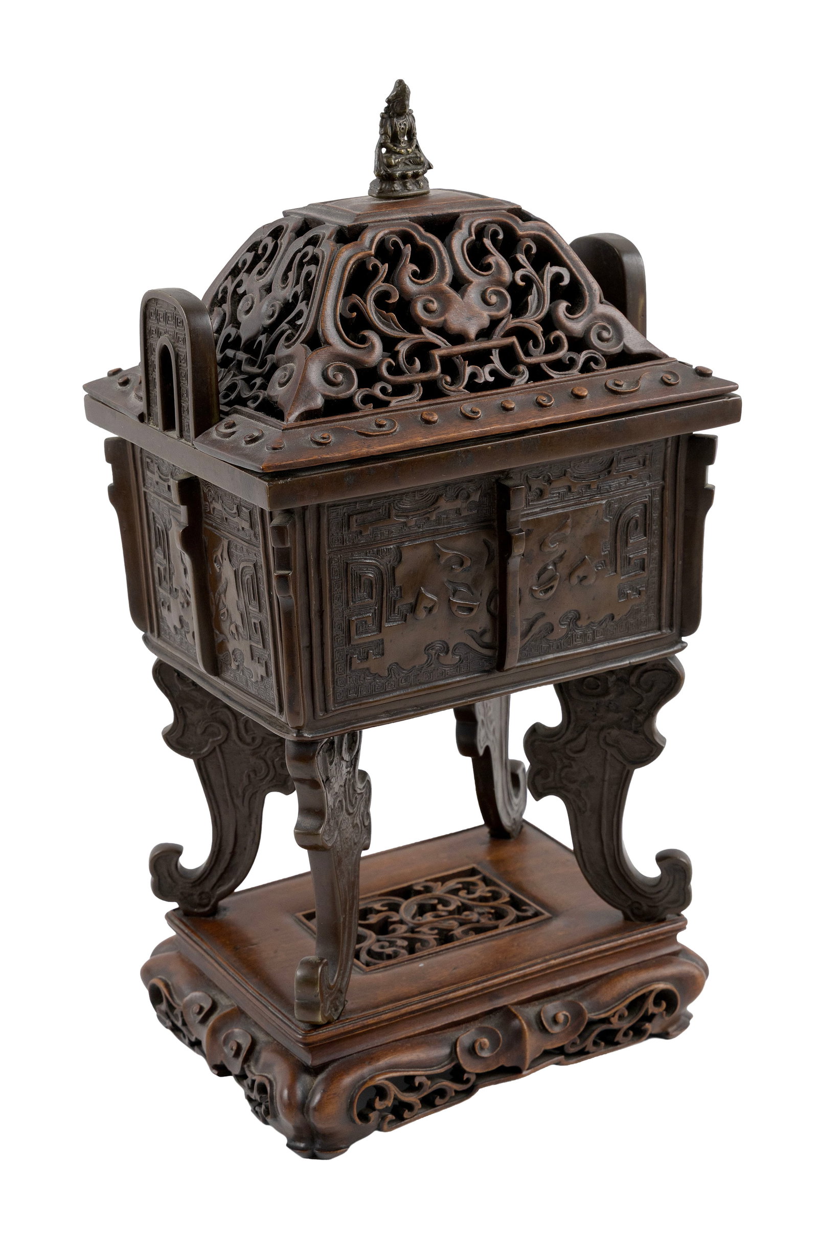 CHINESE BRONZE CENSER (FANG DING) 19th Century Censer height 15". Total height on stand 17.5". (1 of 4)
