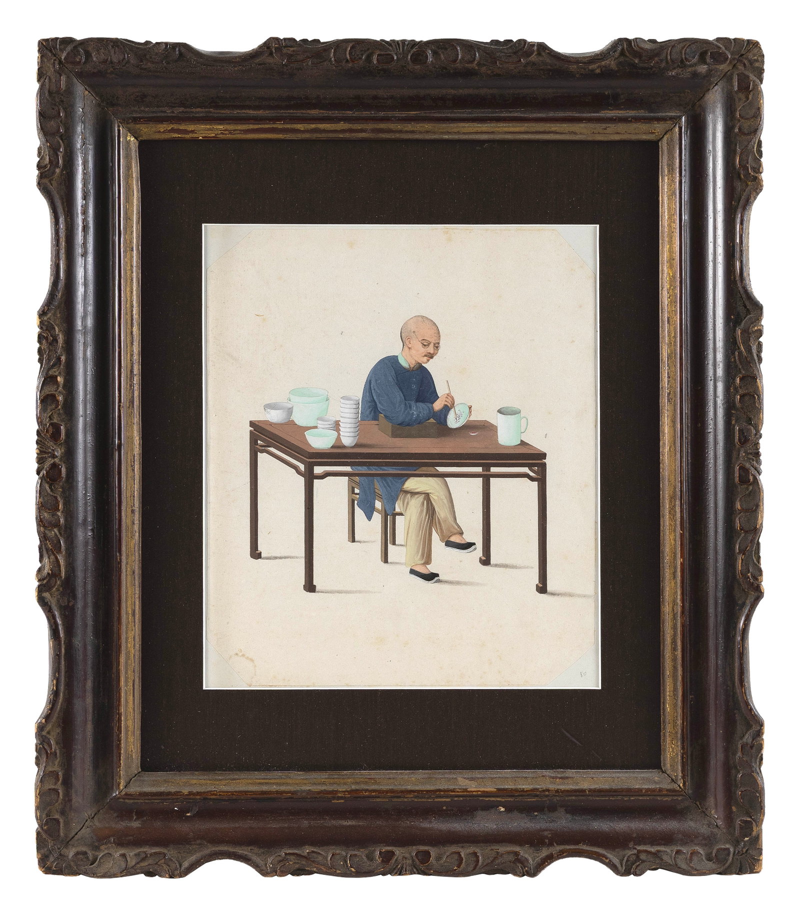 CHINESE SCHOOL (19th Century,), A man seated at a table, decorating porcelain., Watercolor on paper, (1 of 1)