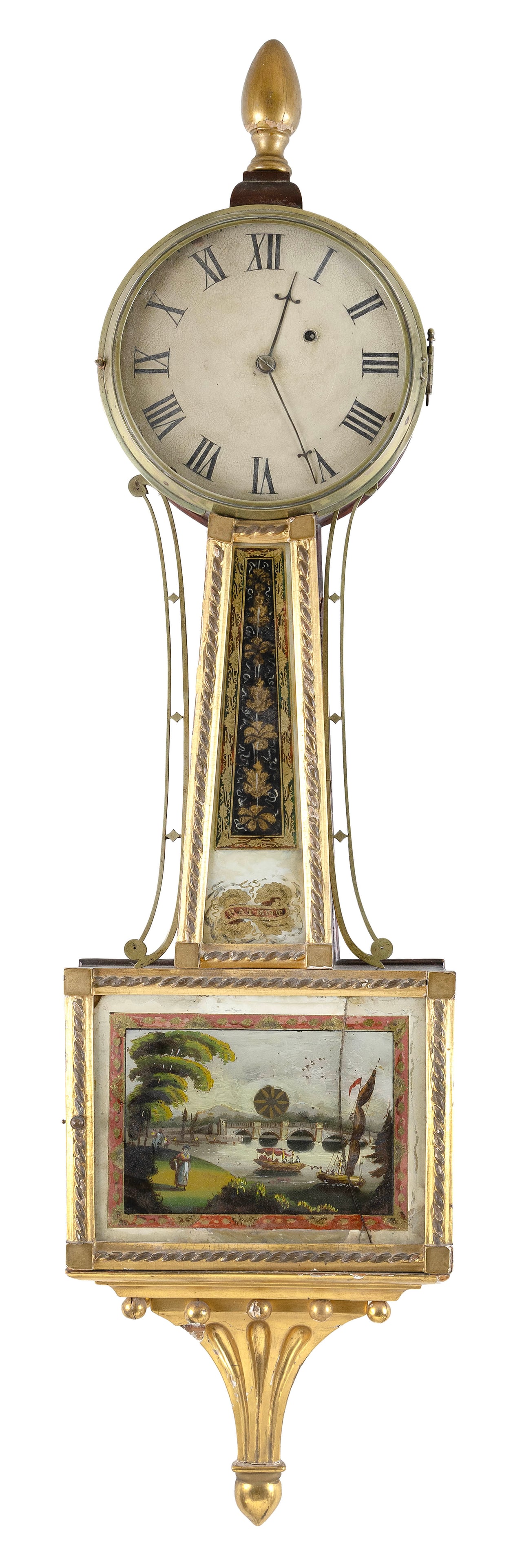 BANJO CLOCK Probably Massachusetts, First Quarter of the 19th Century Height 41.75".: BANJO CLOCK Probably Massachusetts, First Quarter of the 19th Century Case with acorn finial, reverse-painted throat and door glass, and a gilt presentation bracket. Painted Roman numeral dial. Height