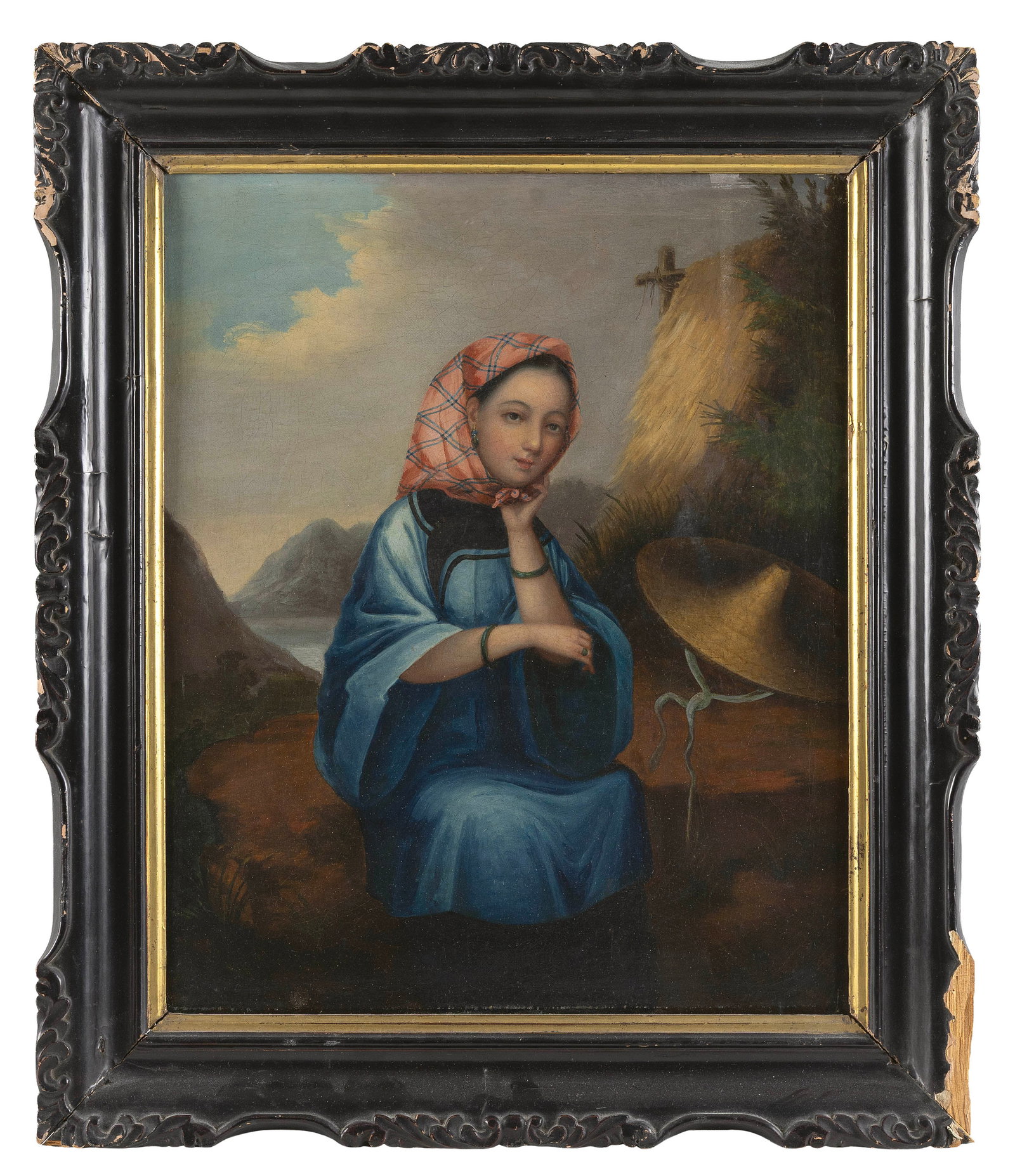 CHINESE SCHOOL (19th Century,), Chinese Export portrait of a young woman in a landscape., Oil on (1 of 1)