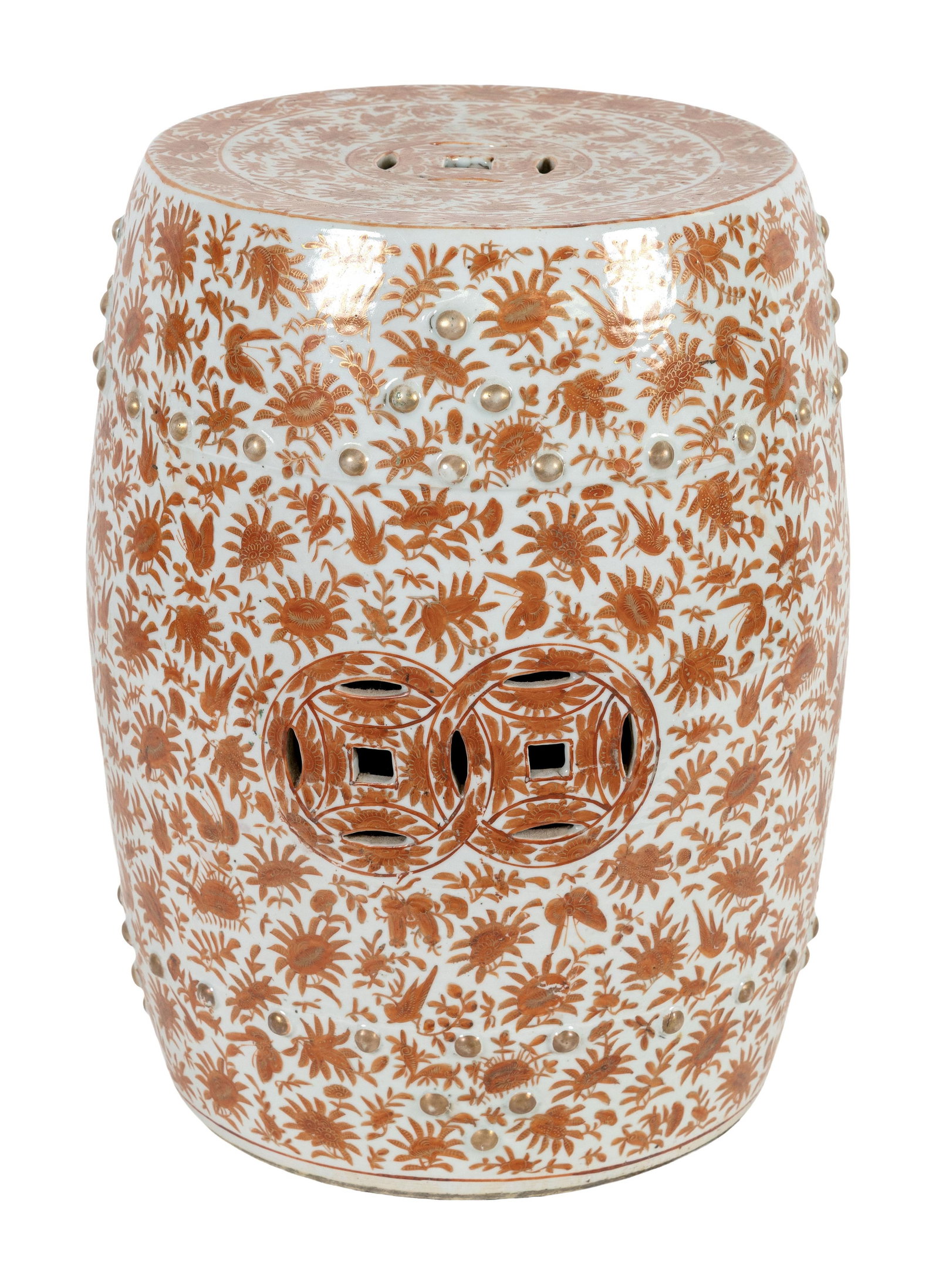 CHINESE IRON RED AND WHITE PORCELAIN GARDEN STOOL 19th Century Height 19". Diameter 12".: CHINESE IRON RED AND WHITE PORCELAIN GARDEN STOOL 19th Century Floral, bird and butterfly decoration and gilt bosses about the body. Double coin cutouts. Height 19". Diameter 12". Provenance: The Esta