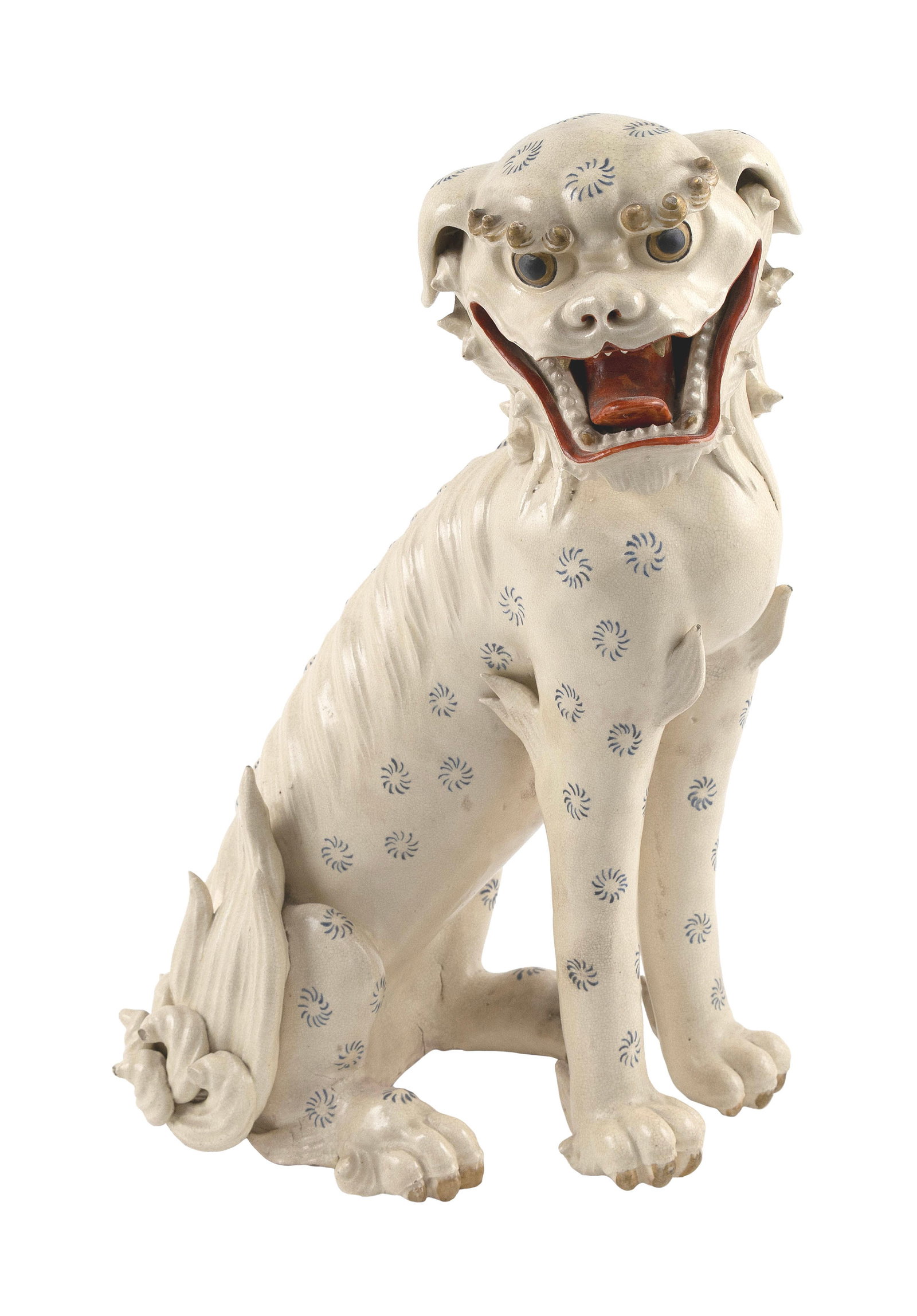 JAPANESE SATSUMA PORCELAIN KOMAINU (GUARDIAN LION) Meiji Period, Late 19th Century Height 16".: JAPANESE SATSUMA PORCELAIN KOMAINU (GUARDIAN LION) Meiji Period, Late 19th Century With a fierce expression and open mouth. Blue spotted decoration highlighted in gilt on a crackled white ground. Heig