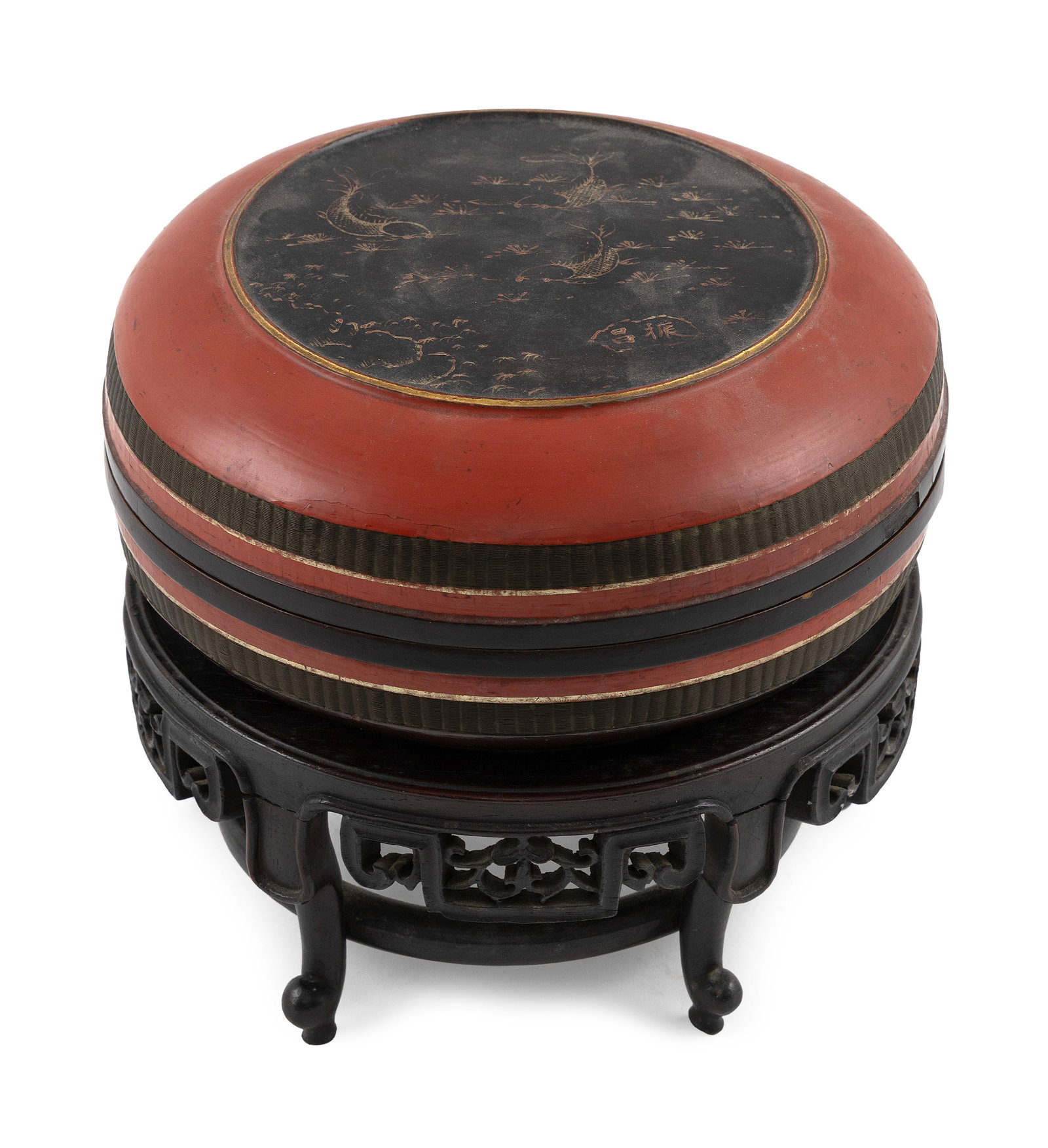 JAPANESE RED LACQUER RICE BOX ON STAND 19th Century Box height 4". Diameter 8". Stand height 4". (1 of 1)