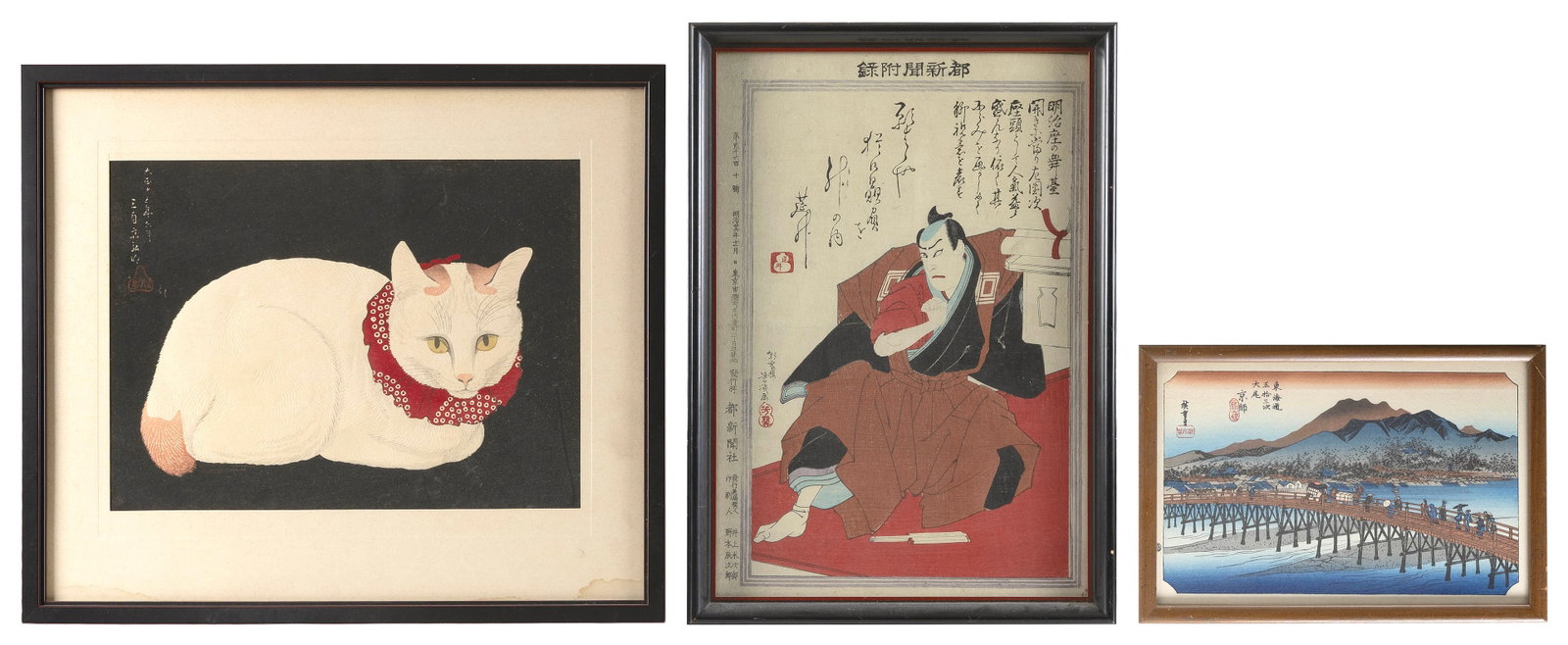 THREE JAPANESE WOODBLOCK PRINTS 7.5" x 10.5" to 15" x 18".: THREE JAPANESE WOODBLOCK PRINTS 1) "White Cat with Red Ruffled Collar" by Takahashi Shotei (1871-1945). Oban yoko-e. 2) "A Supplement to Miyao Shinbun" by Yoshiko, circa 1893. Oban tate-e. 3) "Kyoto: 