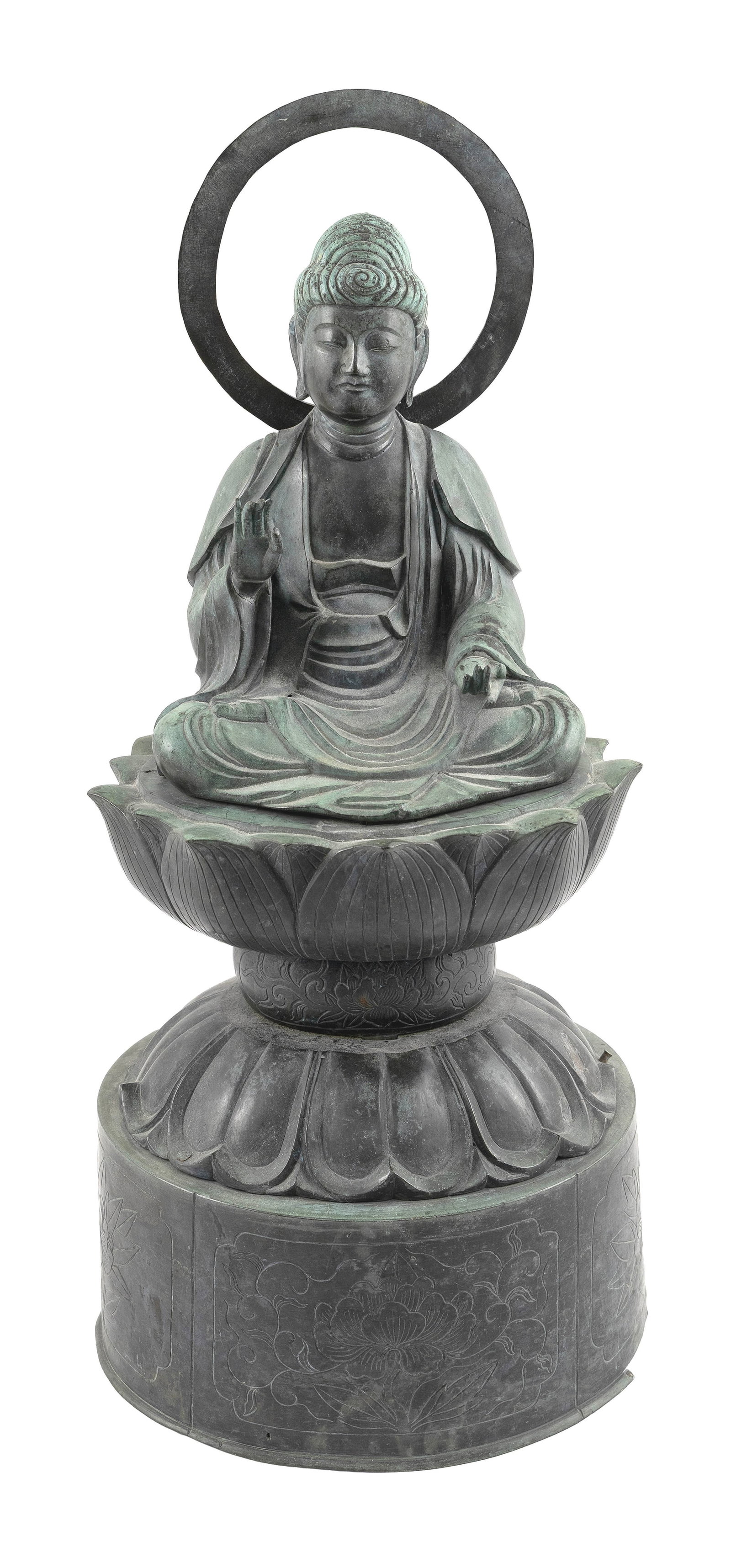 JAPANESE PATINATED BRONZE BUDDHA Late 19th Century Height 23".: JAPANESE PATINATED BRONZE BUDDHA Late 19th Century With a halo mandorla, seated on a double lotus throne atop a cylindrical base incised with lotus decoration. Height 23". Provenance: The Estate of Dr
