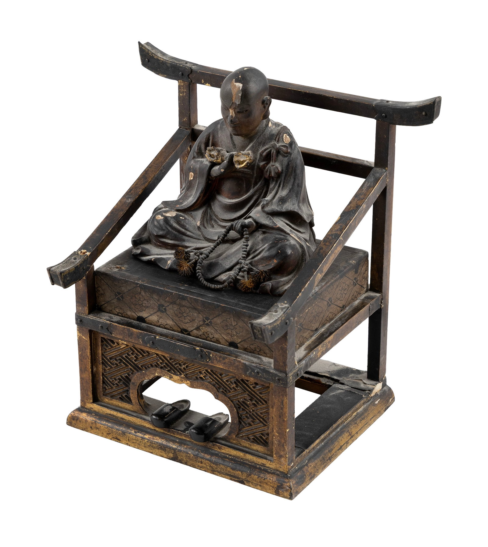 JAPANESE CARVED AND LACQUERED WOOD KUKAI (KOBO DAISHI) SEATED IN AN ALTAR CHAIR Edo Period Figure (1 of 3)