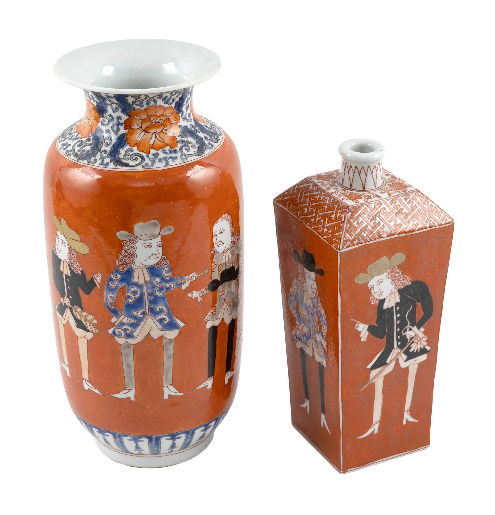 TWO SIMILAR CHINESE PORCELAIN VASES 20th Century Heights 9.25" and 12".: TWO SIMILAR CHINESE PORCELAIN VASES 20th Century One square and one round, both with Western figural decoration against a tomato red ground modeled on Japanese "black ship" or "Namban"-style porcelain