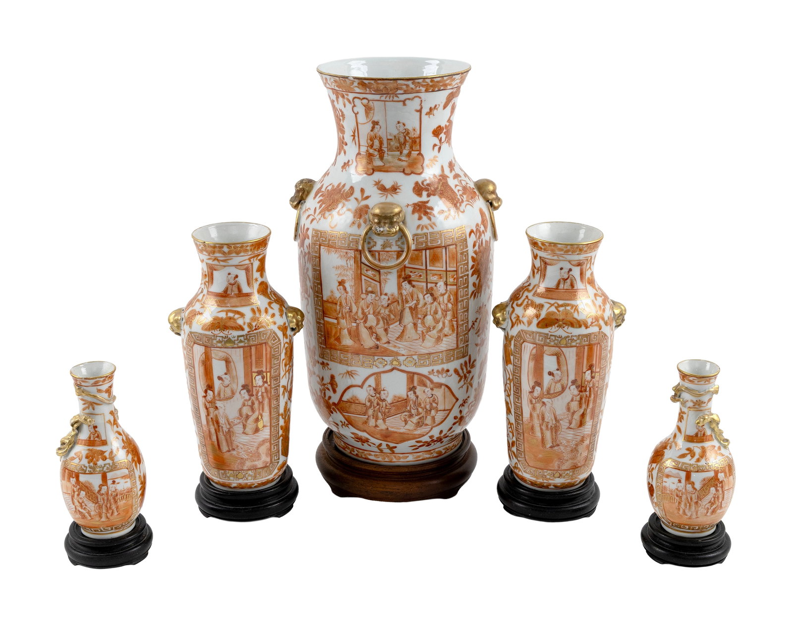 SUITE OF FIVE MATCHING CHINESE EXPORT PORCELAIN VASES Second Quarter of the 19th Century Heights: SUITE OF FIVE MATCHING CHINESE EXPORT PORCELAIN VASES Second Quarter of the 19th Century Orange and gilt paneled decoration of interior figural scenes. Some with applied gilt handles or adornments. He
