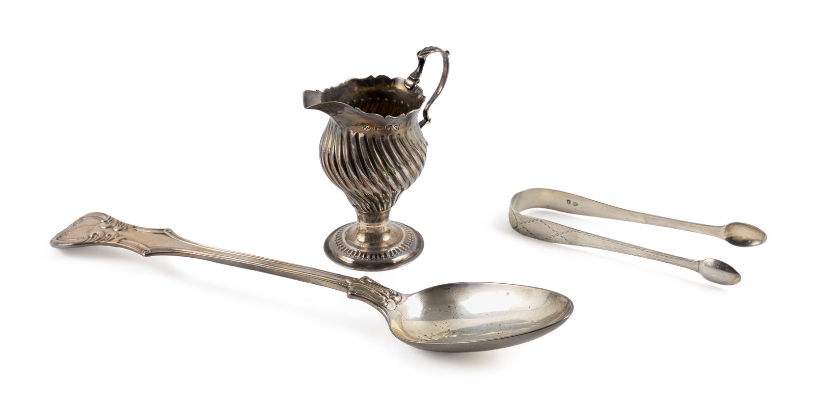 THREE PIECES OF ENGLISH STERLING SILVER 18th/19th Century Approx. 10.2 troy oz.: THREE PIECES OF ENGLISH STERLING SILVER 18th/19th Century 1) Stuffing spoon by George William Adams, date marked 1852. Length 12.25". 2) Pair of tongs with untraced maker's mark "S.A.". Length 5.75". 