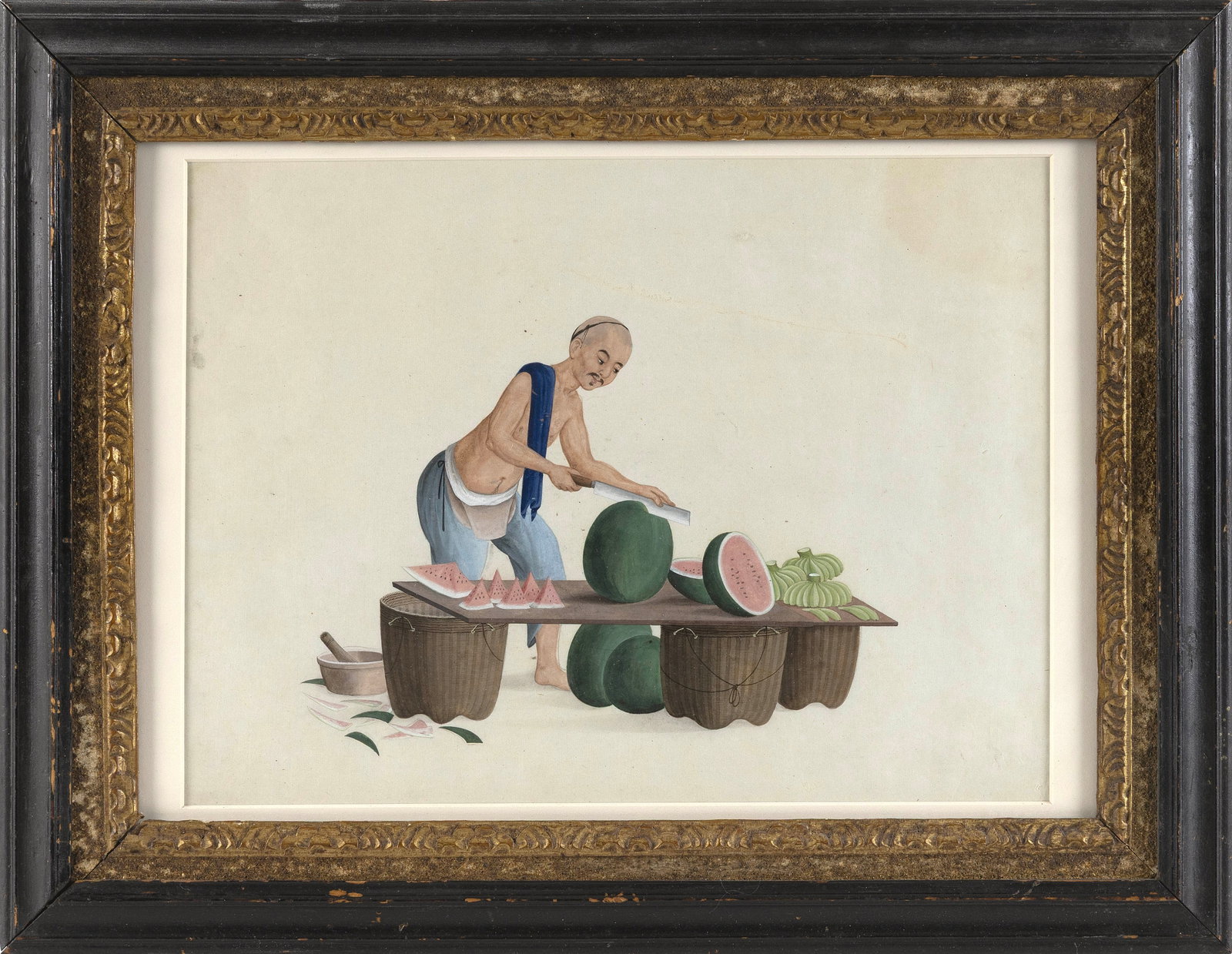 ATTRIBUTED TO PUQUA (China, Circa 1800-1820), A man cutting watermelon., Watercolor on paper, 9" x: ATTRIBUTED TO PUQUA China, Circa 1800-1820 A man cutting watermelon. Unsigned. Watercolor on paper, 9" x 12" sight. Framed 14" x 18". Provenance: Patricia Grove, Beverly, Massachusetts. The Estate