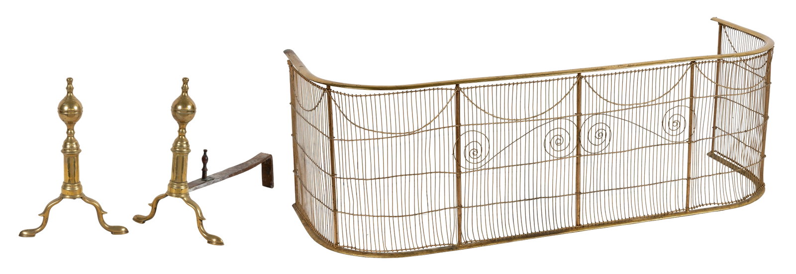 PAIR OF BRASS BALL-TOP ANDIRONS AND A WIRE AND BRASS FENDER America, First Quarter of the 19th: PAIR OF BRASS BALL-TOP ANDIRONS AND A WIRE AND BRASS FENDER America, First Quarter of the 19th Century Andiron heights 14". Depths 16.5". Fender height 12". Width 36". Depth 11.5". Provenance: The Est