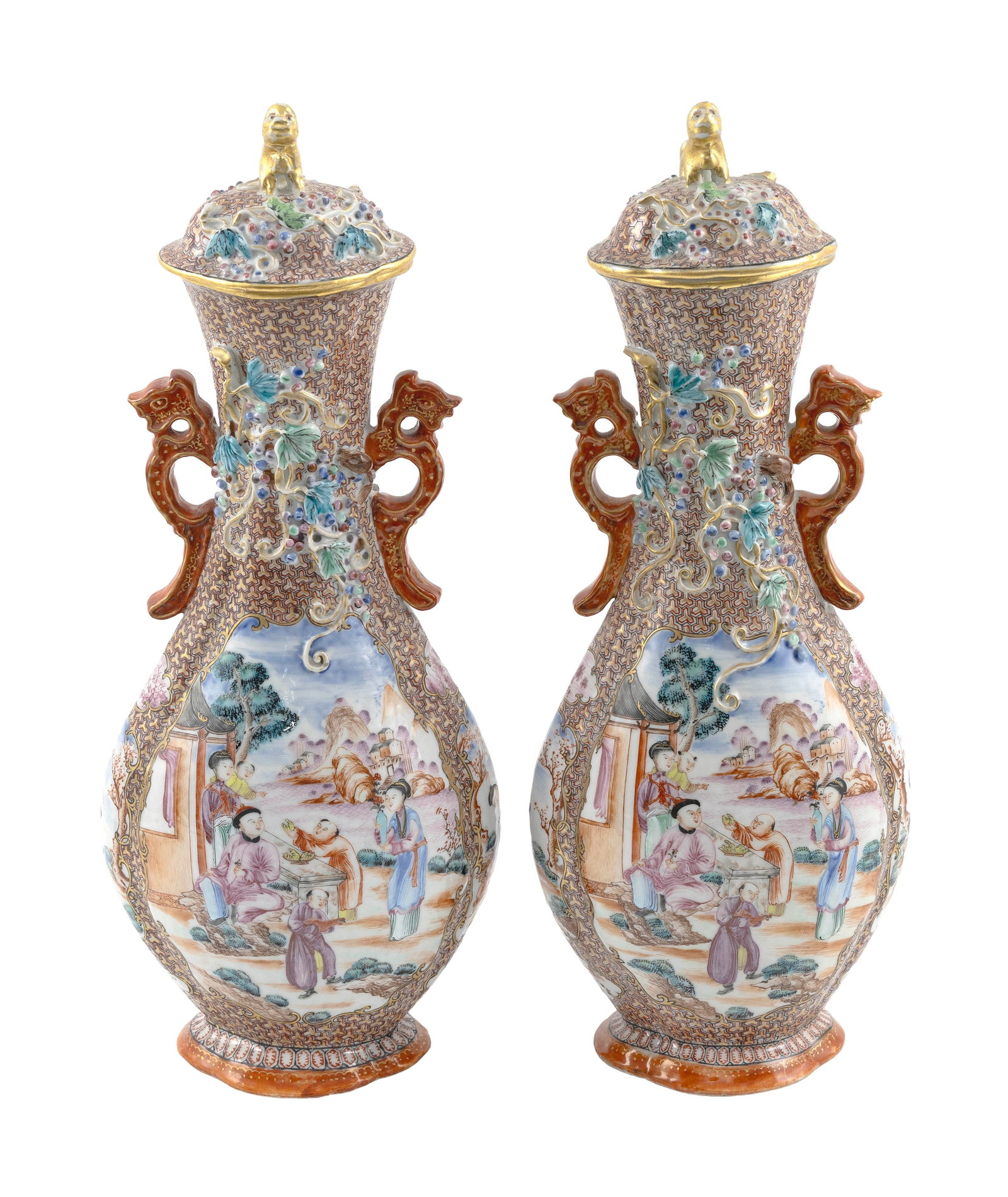 PAIR OF CHINESE EXPORT ROSE MANDARIN PORCELAIN VASES Circa 1770 Heights 14". (1 of 1)