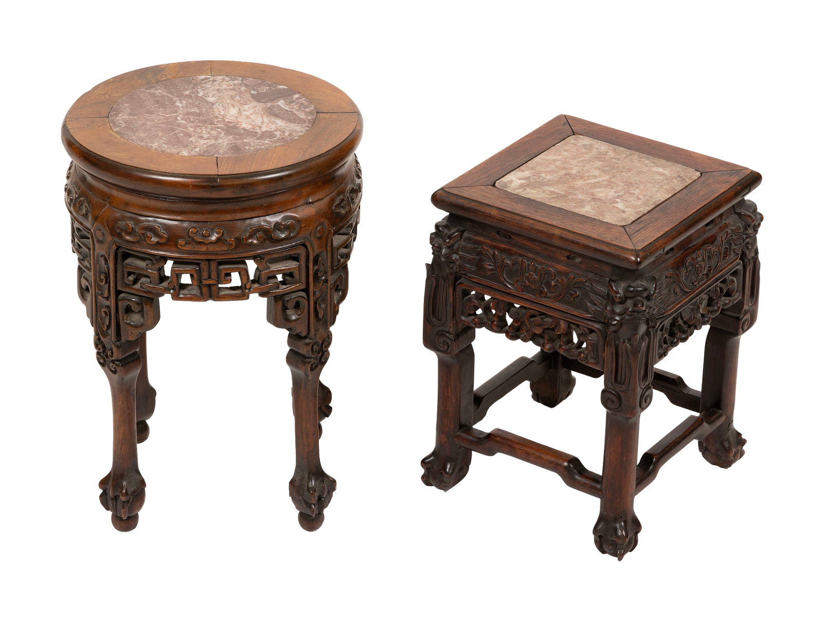 TWO CHINESE CARVED WOOD STANDS WITH ROUGE MARBLE TOPS 19th Century Heights 14.5" and 17". (1 of 1)