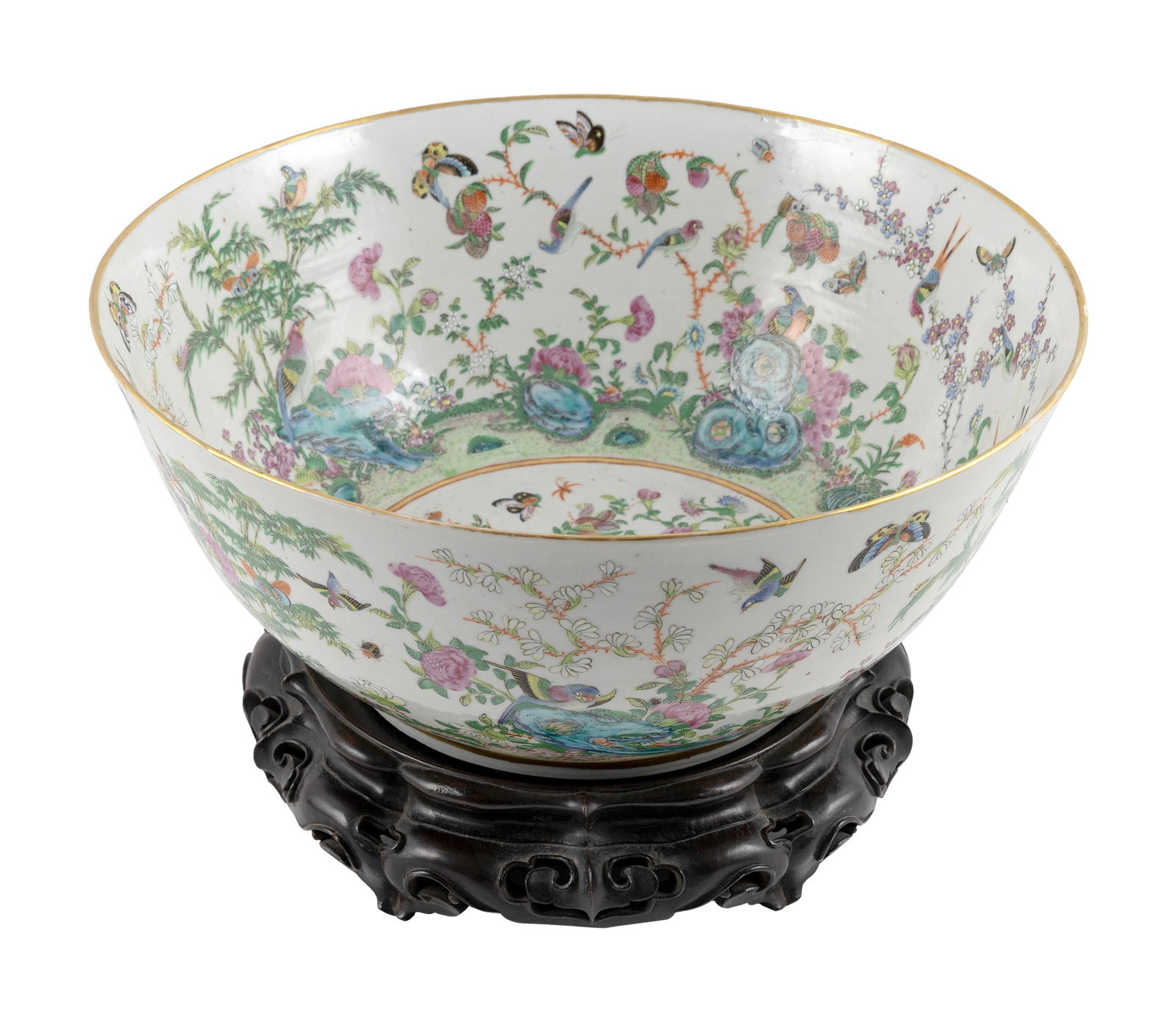 CHINESE EXPORT FAMILLE ROSE PORCELAIN PUNCH BOWL ON STAND Third Quarter of the 19th Century Total (1 of 4)