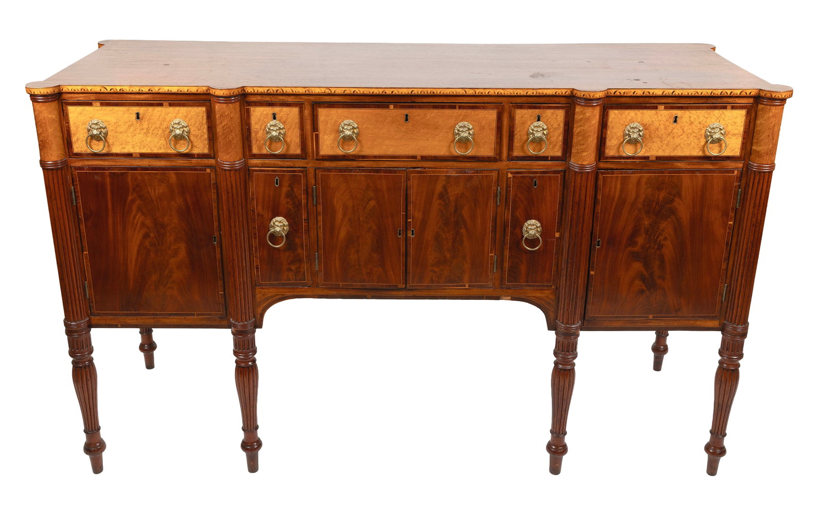 SHERATON MAHOGANY AND BIRD'S-EYE MAPLE VENEER SIDEBOARD ATTRIBUTED TO JOHN AND THOMAS SEYMOUR: SHERATON MAHOGANY AND BIRD'S-EYE MAPLE VENEER SIDEBOARD ATTRIBUTED TO JOHN AND THOMAS SEYMOUR Boston, Circa 1804-1808 An exceptional example of Seymour work, with an effective use of bold contrasting 