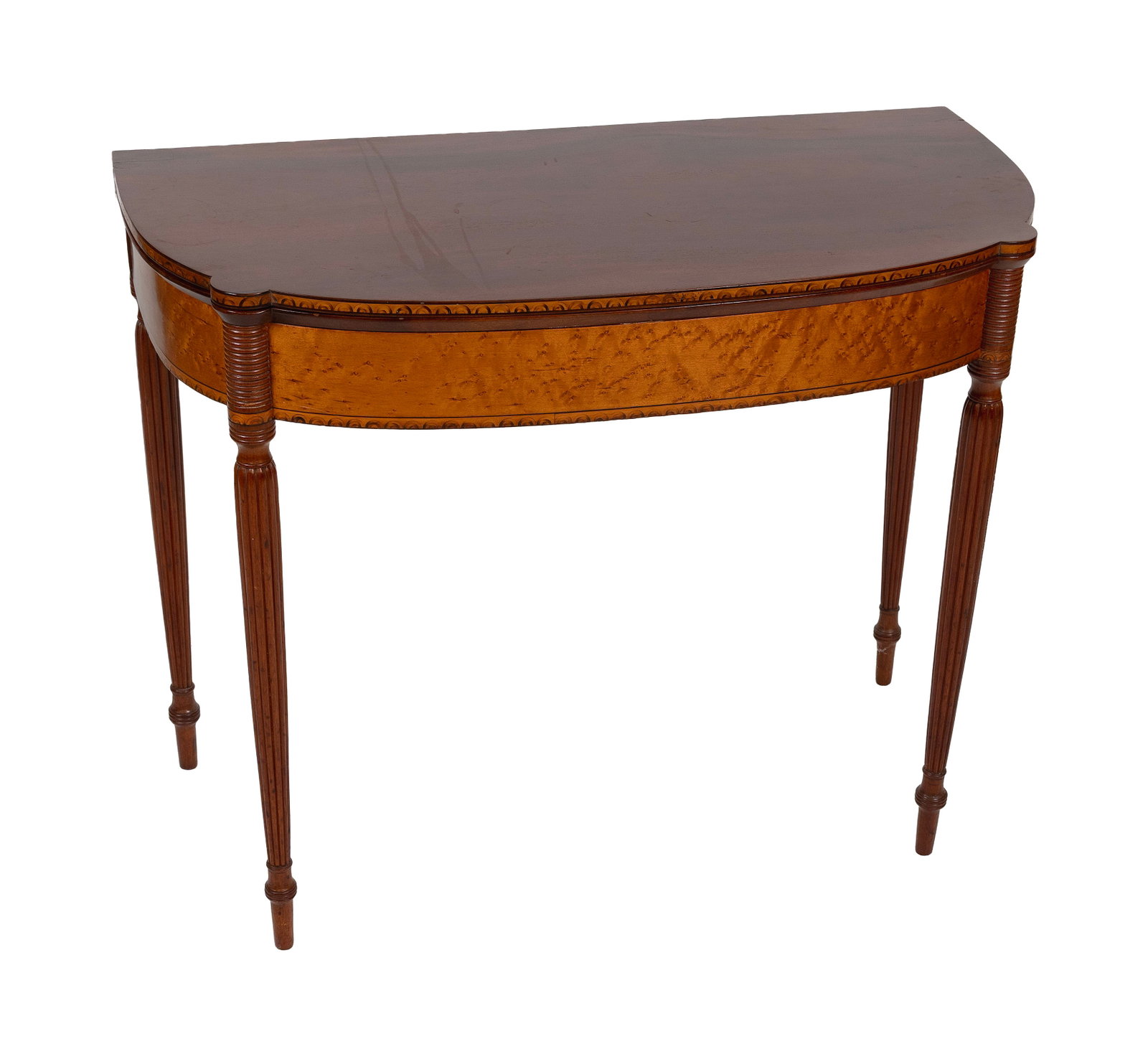 SHERATON MAHOGANY AND BIRD'S-EYE MAPLE VENEER CARD TABLE IN THE STYLE OF THE SEYMOURS Massachusetts, (1 of 1)