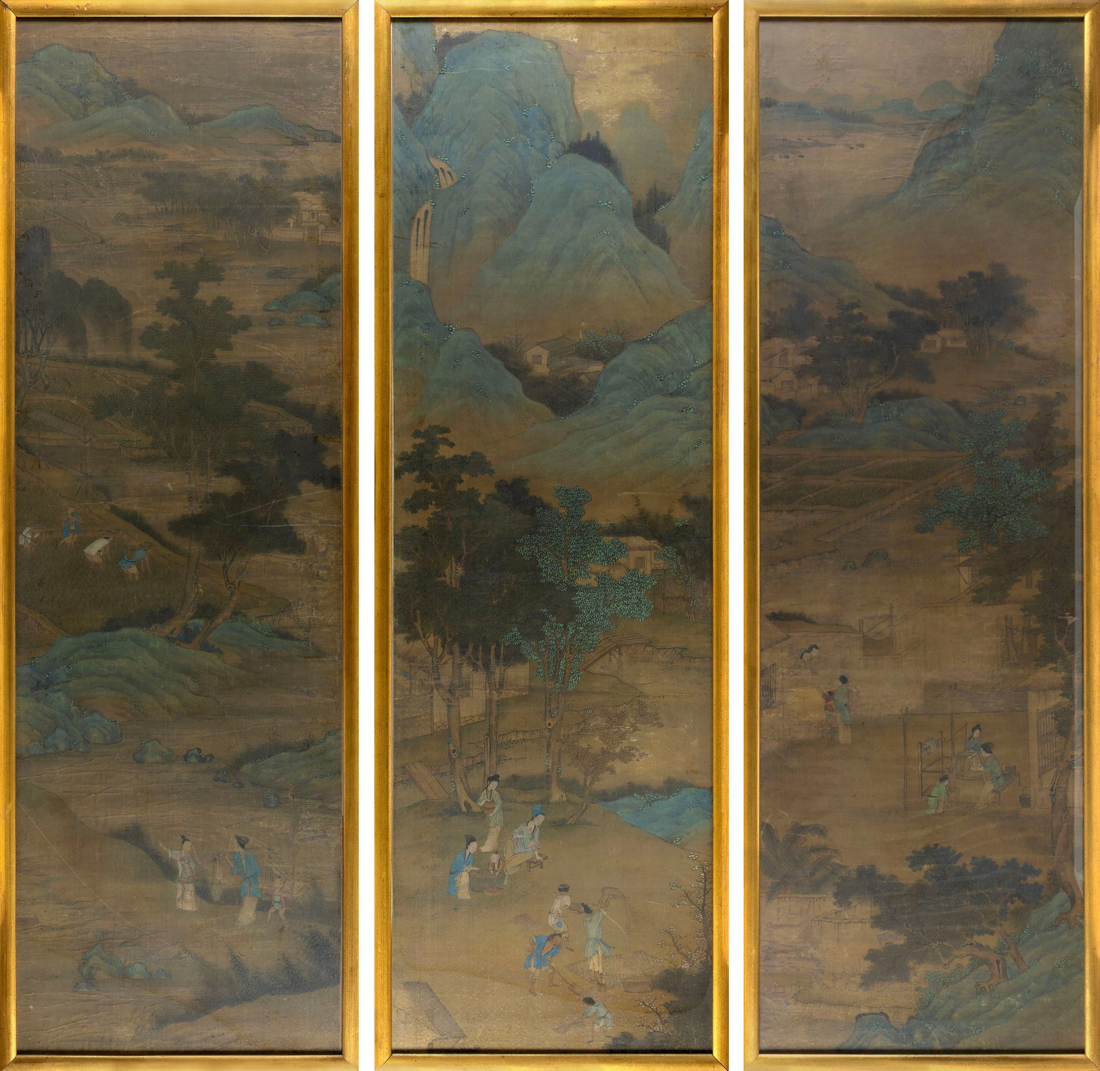 CHINESE SCHOOL (19th Century or Earlier,), Three works, On silk, each 59" x 18.5" sight. Framed (1 of 6)