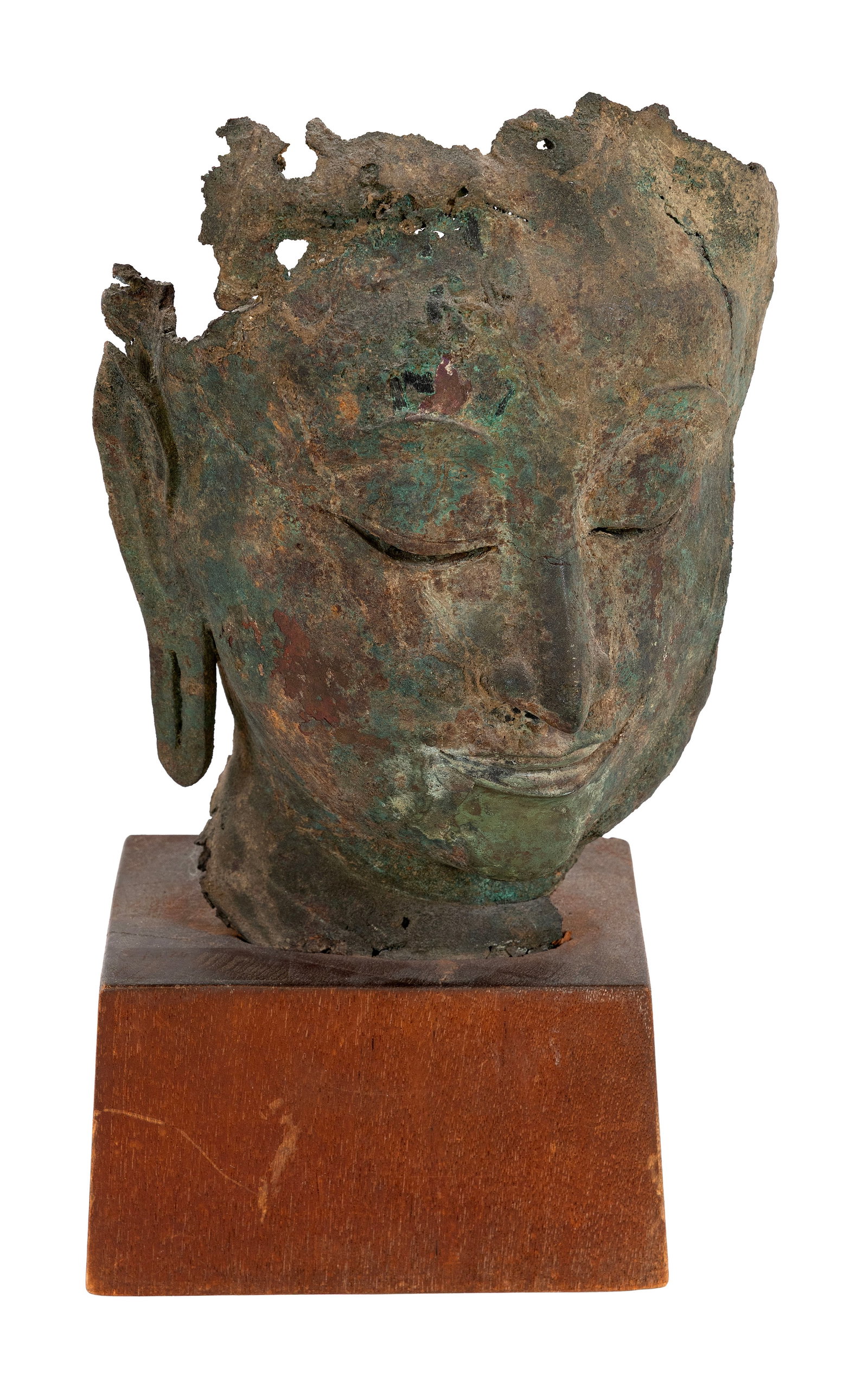 THAI ARCHAIC FRAGMENT OF A BRONZE HEAD OF BUDDHA Height 11". Base 4.25" x 4.25". (1 of 1)