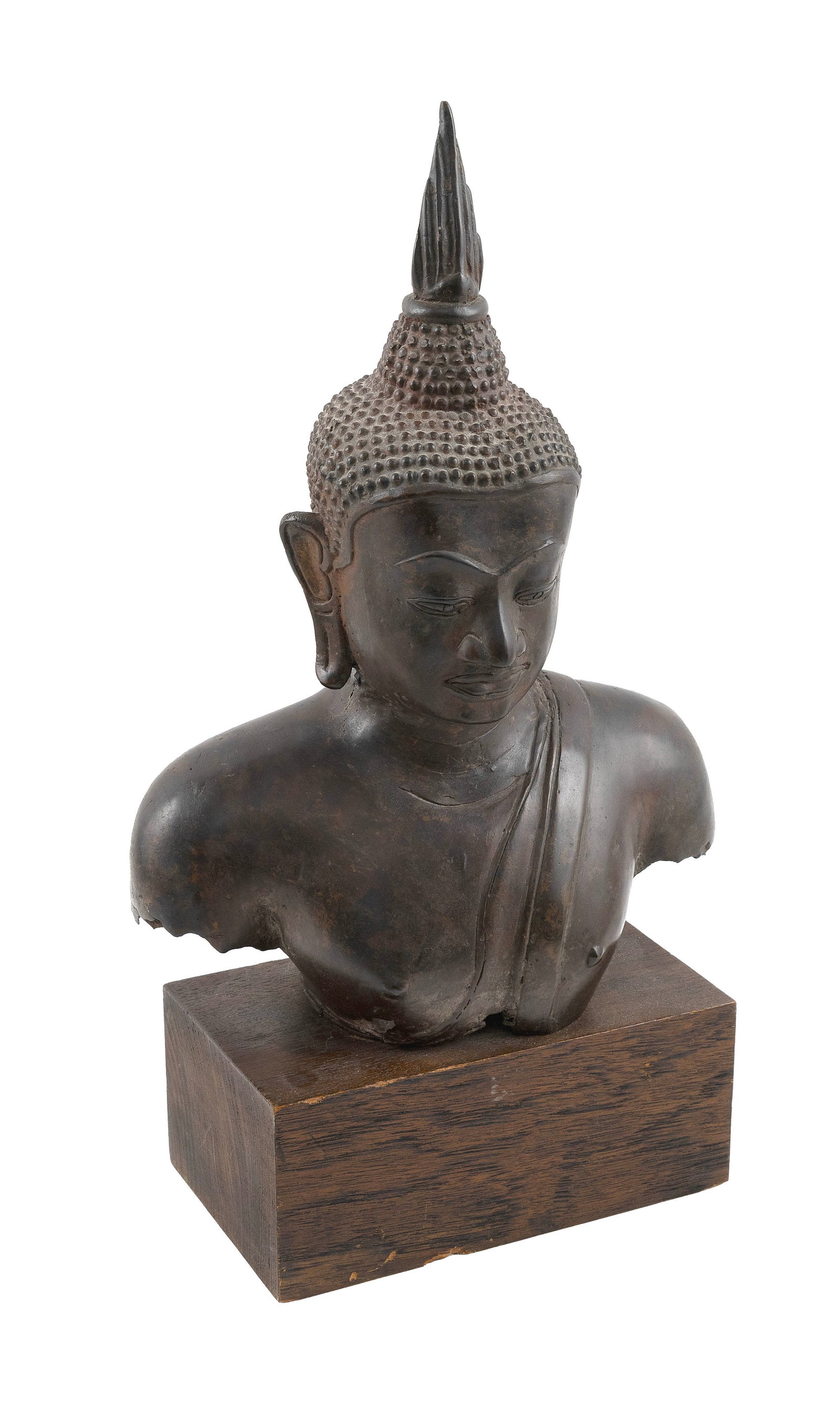 THAI BRONZE U THONG-STYLE BUST OF BUDDHA 18th Century Bronze height 15". Base height 3.5". (1 of 3)