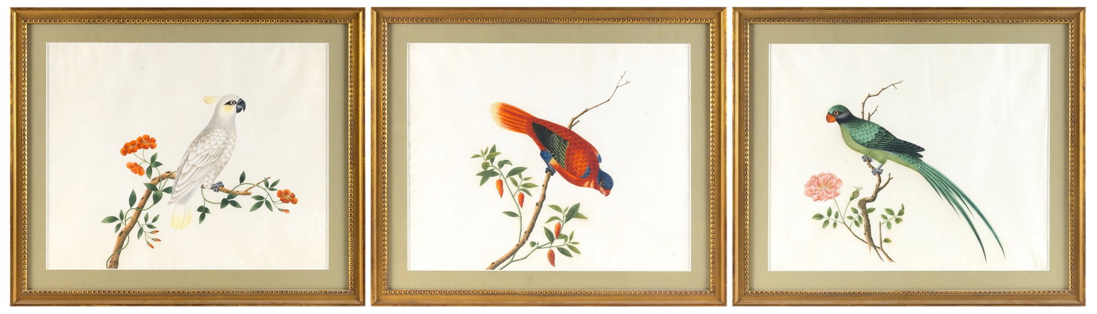 CHINESE SCHOOL (Circa 1820,), Three Chinese Export bird paintings., To 17.5" x 14" sight. Framed to (1 of 4)