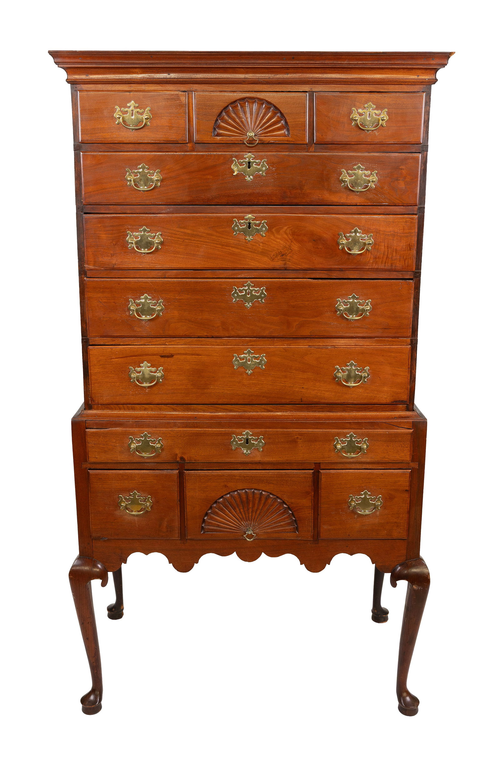 QUEEN ANNE WALNUT FLAT-TOP HIGHBOY New England, Mid-18th Century Height 73.5". Width 38.5". Depth (1 of 1)