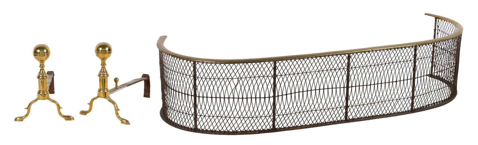 PAIR OF BRASS BALL-TOP ANDIRONS AND A WIRE FIRE FENDER America, Circa 1810 Andiron heights 12.75". (1 of 3)