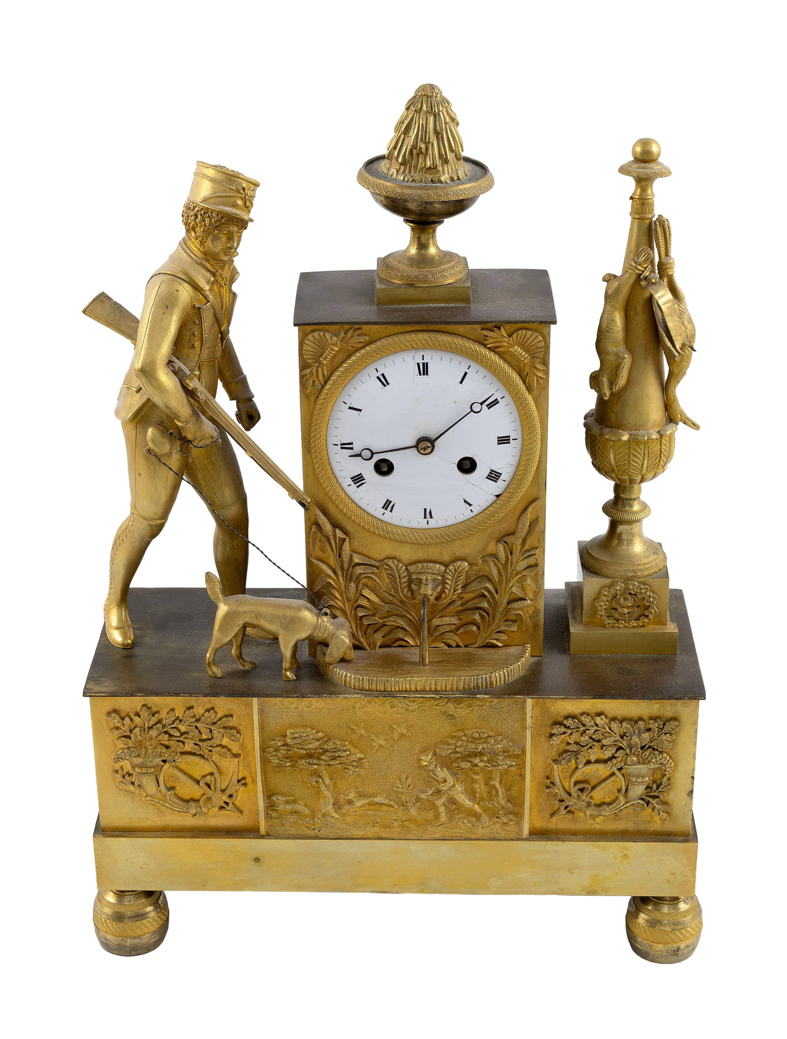 FRENCH GILT BRONZE MANTEL CLOCK WITH HUNTING MOTIF Early 19th Century Height 16". Width 11.75". (1 of 4)