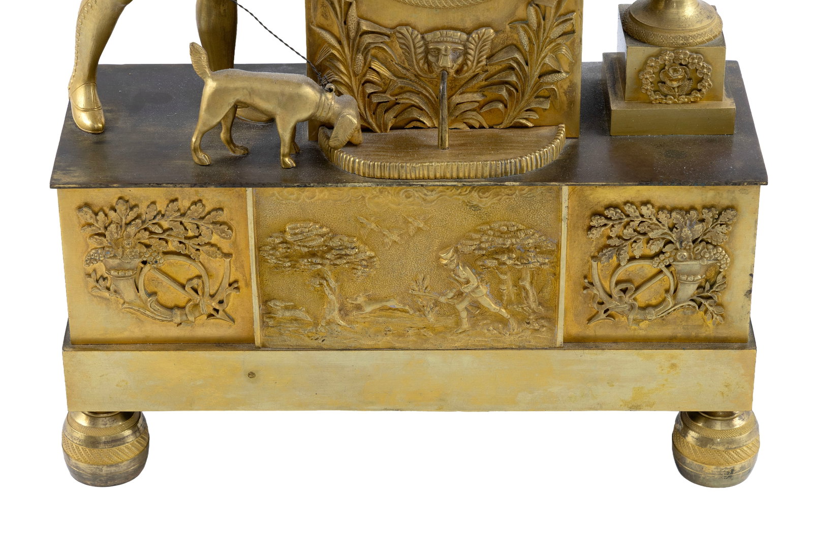 FRENCH GILT BRONZE MANTEL CLOCK WITH HUNTING MOTIF Early 19th Century Height 16". Width 11.75". - 2