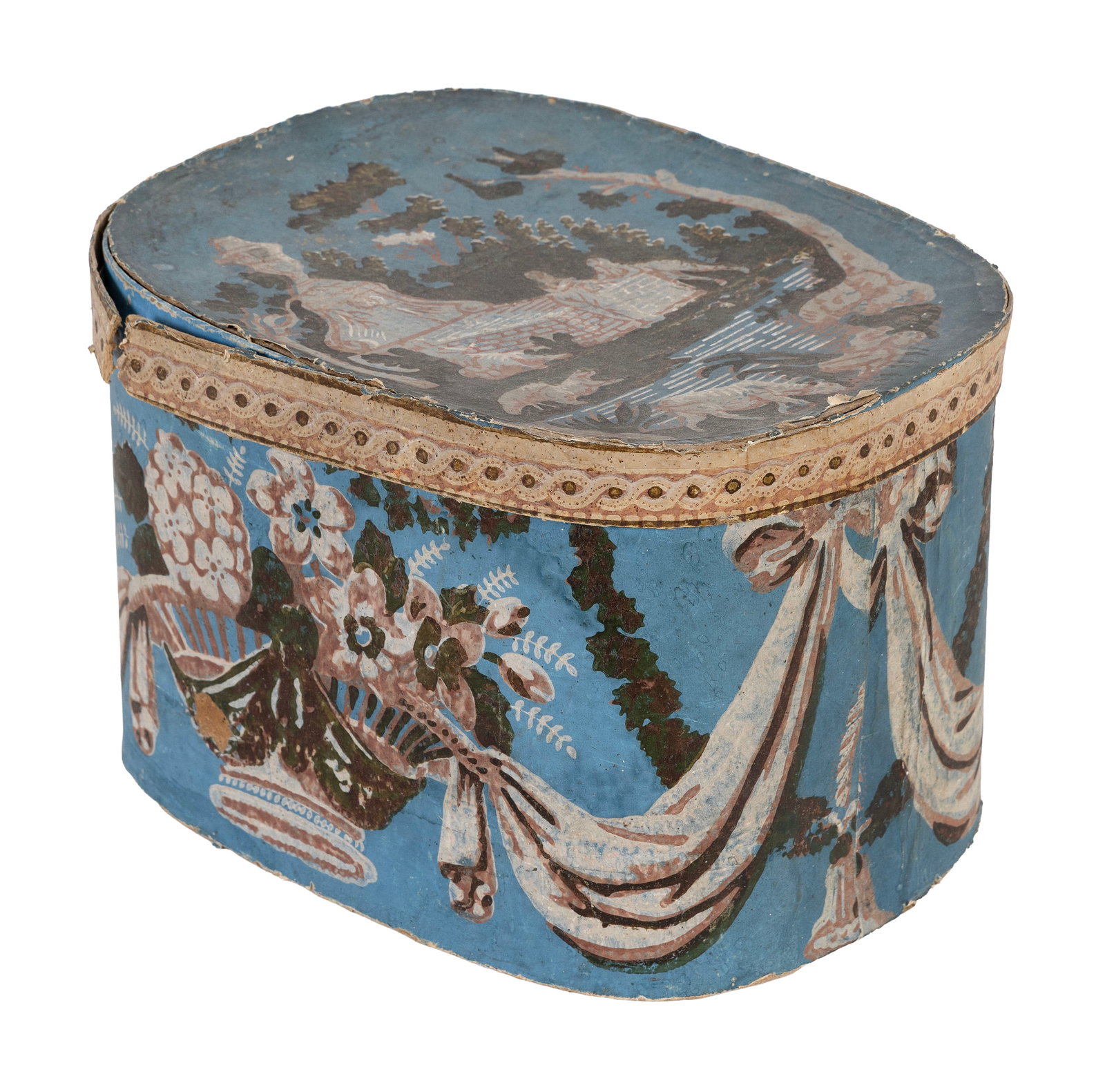 WALLPAPER-COVERED HAT BOX 19th Centurt Height 9.5". Length 14". Width 11". (1 of 1)