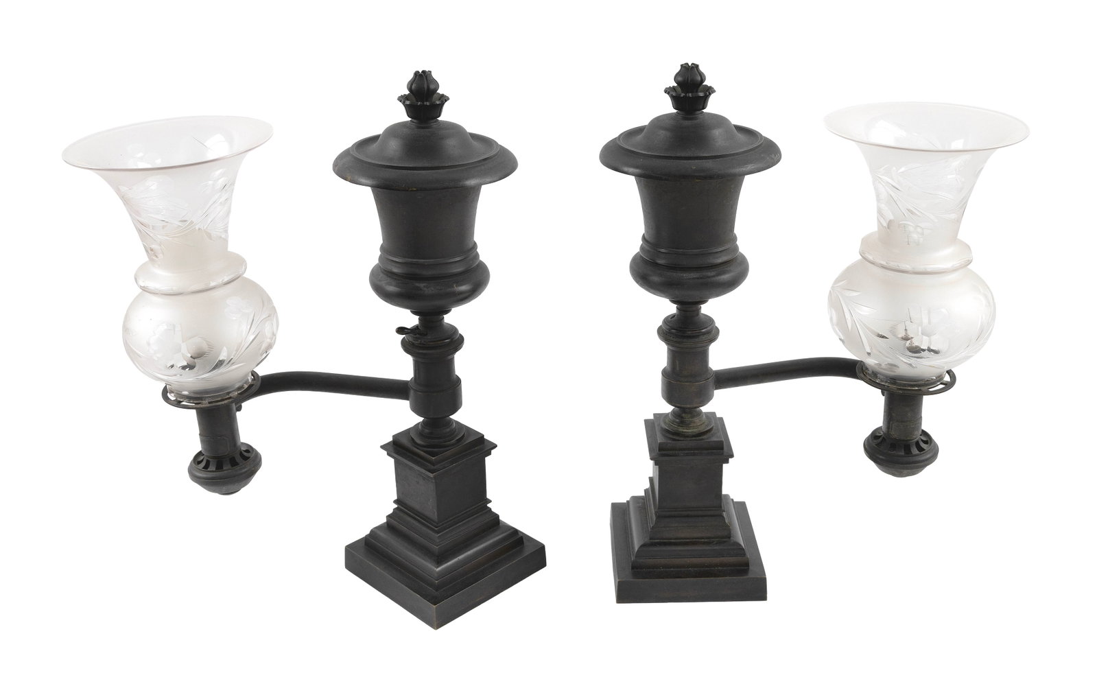 PAIR OF BRONZE ARGAND LAMPS Boston, Second Quarter of the 19th Century Heights 17.5". Widths approx.: PAIR OF BRONZE ARGAND LAMPS Boston, Second Quarter of the 19th Century Probably Harris & Stanwood. "Harris & [...]" labels partially obscured. Heights 17.5". Widths approx. 10". Provenance: The Estate