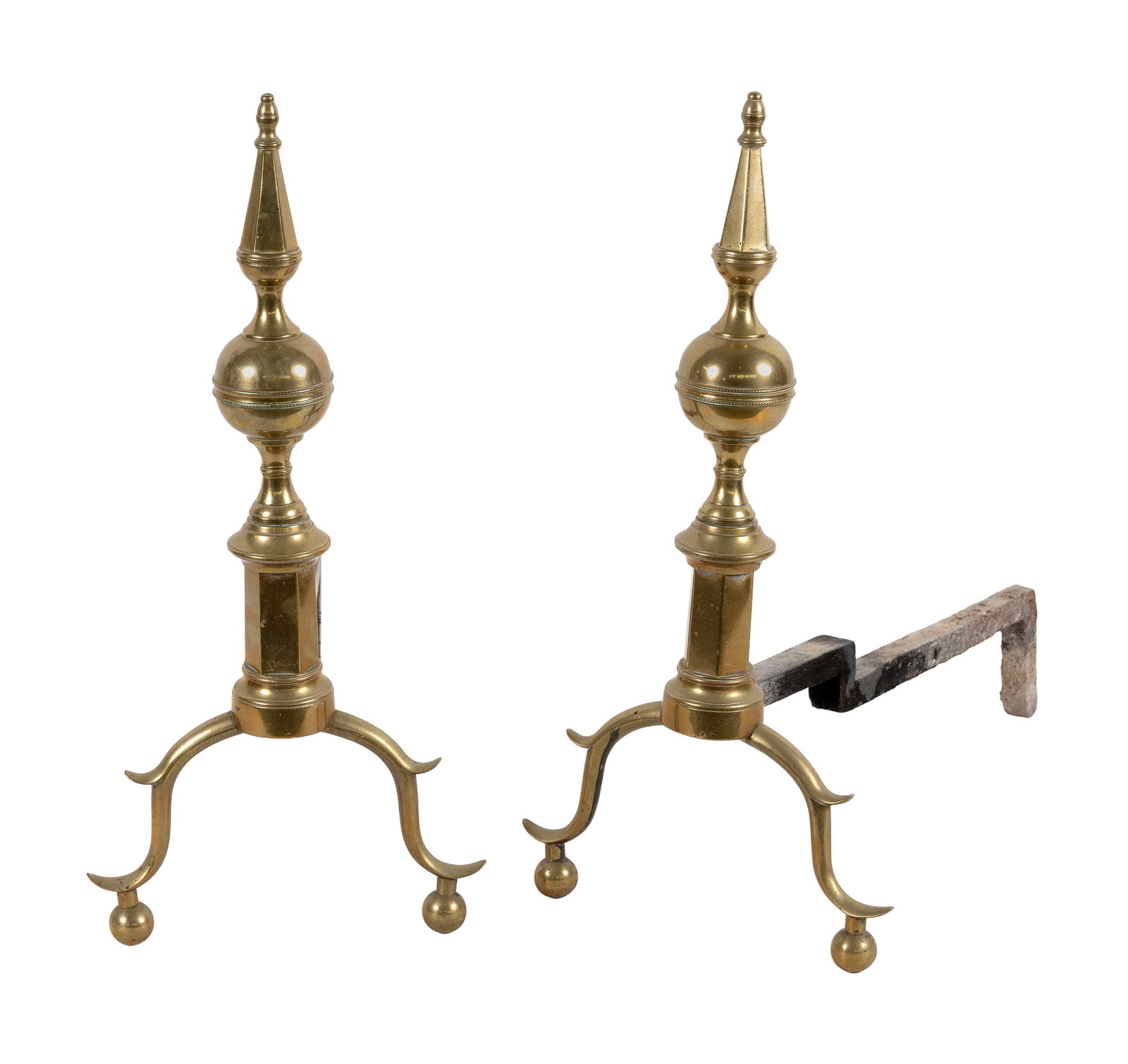 PAIR OF BRASS STEEPLE-TOP ANDIRONS America, Circa 1800 Heights 19.25". Depths 17.75". (1 of 1)