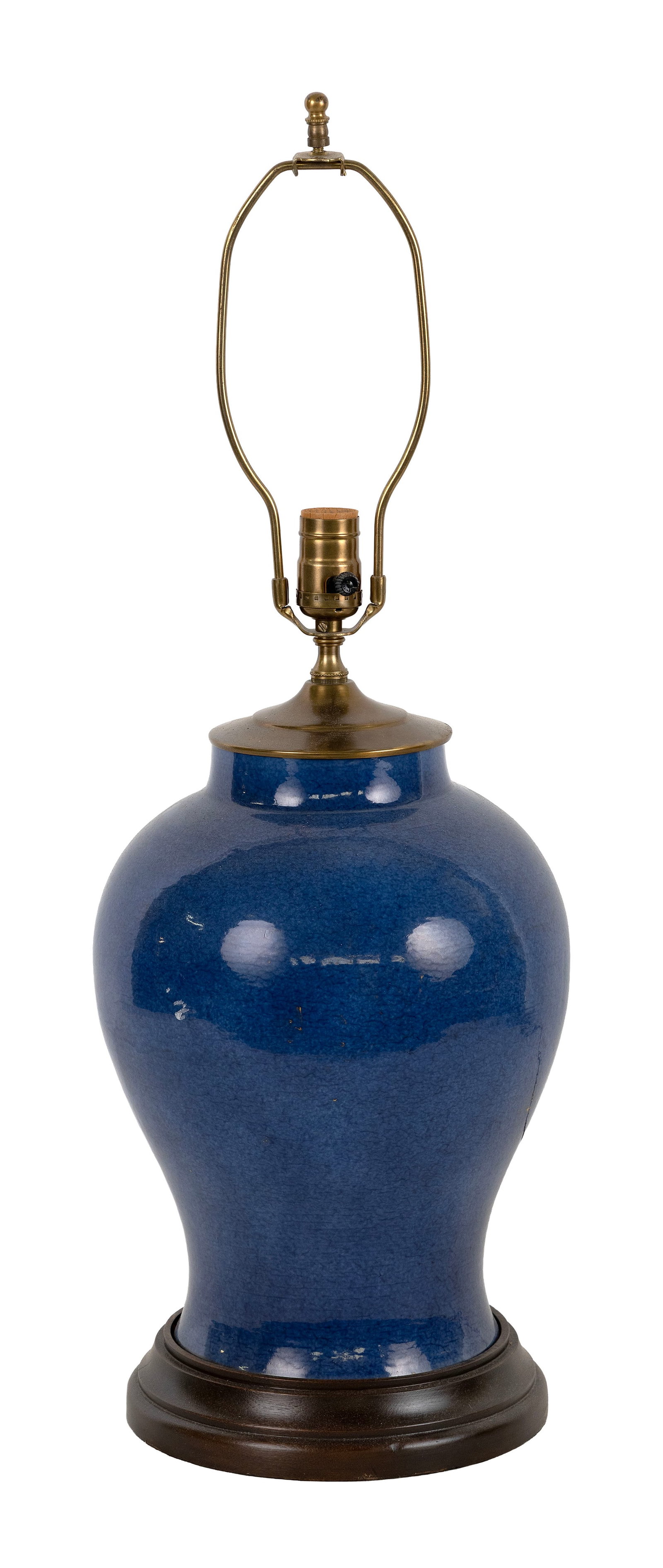 CHINESE POWDER BLUE PORCELAIN VASE MOUNTED AS A TABLE LAMP 19th Century Vase height 13". Total: CHINESE POWDER BLUE PORCELAIN VASE MOUNTED AS A TABLE LAMP 19th Century Wooden base. Vase height 13". Total height 28". Provenance: The Estate of Dr. William E. Strole, Jr. of Boston.