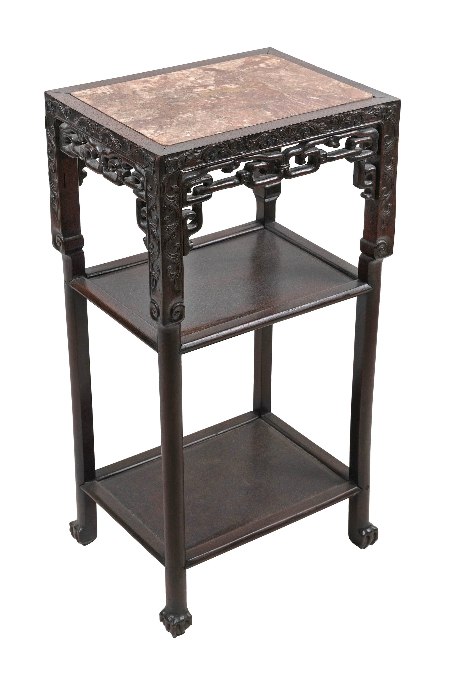 CHINESE CARVED WOOD STAND WITH ROUGE MARBLE TOP 19th Century Height 32". Top 16" x 12". (1 of 1)