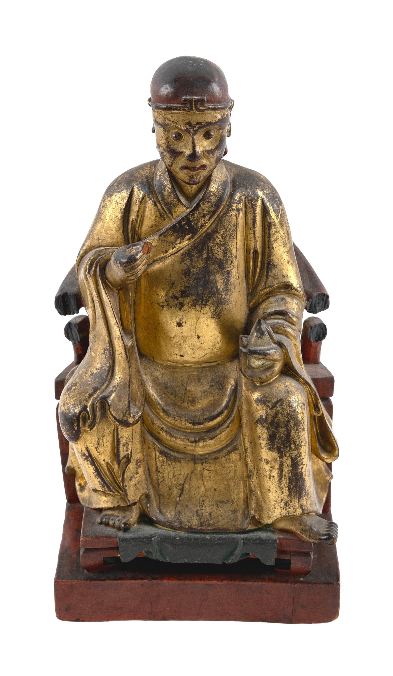 CHINESE CARVED AND LACQUERED GILTWOOD LOHAN 19th Century Height 14".: CHINESE CARVED AND LACQUERED GILTWOOD LOHAN 19th Century Seated on an altar chair and holding a peach in his left hand. Height 14". Provenance: The Estate of Dr. William E. Strole, Jr. of Boston.