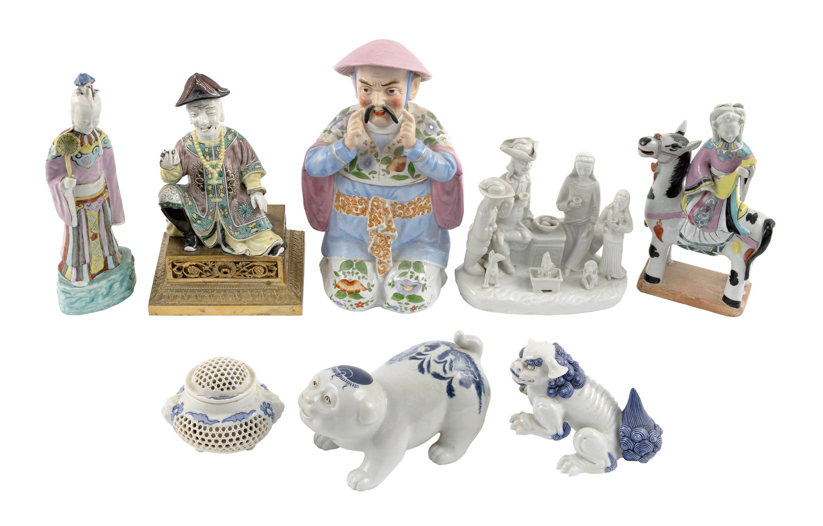 SEVEN PIECES OF ASIAN PORCELAIN 19th Century Heights from 3" to 9".: SEVEN PIECES OF ASIAN PORCELAIN 19th Century 1) Famille rose courtesan figure. 2) Famille rose covered jar in the form of a kneeling figure with pink hat. 3) Blue and white porcelain crouching cat. 4)