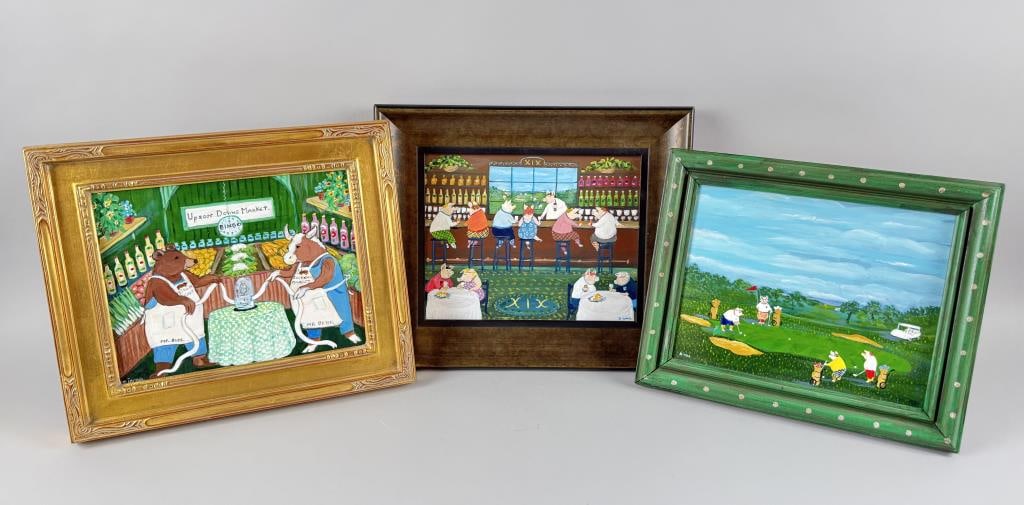 DIANA WILSON (Massachusetts, Contemporary), Three folk art paintings with animals, Oils on masonite,: DIANA WILSON Massachusetts, Contemporary Three folk art paintings with animals, one bar scene, one golfing scene and one market scene. Oils on masonite, 8" x 10". Framed 11.5" x 14", 10" x 12" and 11.