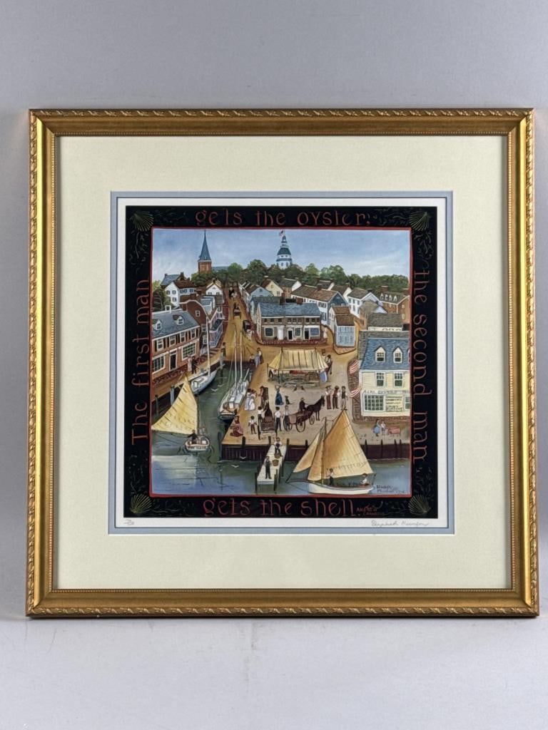 ELIZABETH MUMFORD (Massachusetts, 1950-2020), "The first man gets the oyster, the second man gets: ELIZABETH MUMFORD Massachusetts, 1950-2020 "The first man gets the oyster, the second man gets the shell". Signed lower right "Elizabeth Mumford". Print, 15.5" x 15.5". Framed 24" x 24".