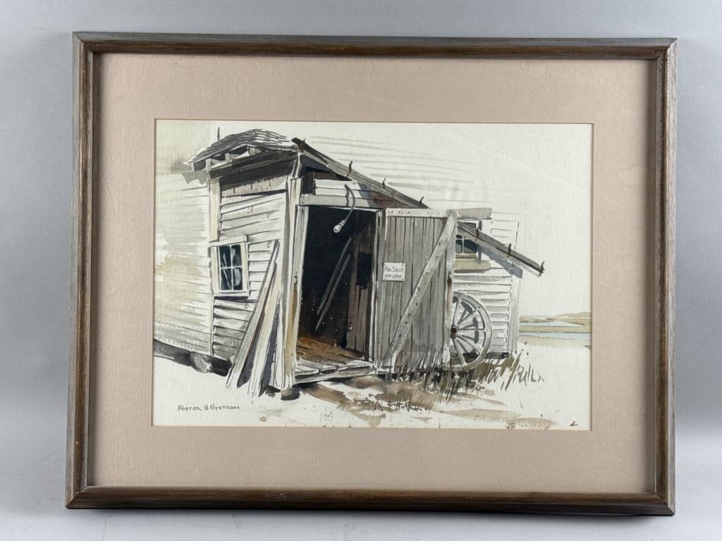 FOSTER H. NYSTROM (Massachusetts, 1913-2015), "For Sale with View", Watercolor on paper, 13.75" x: FOSTER H. NYSTROM Massachusetts, 1913-2015 "For Sale with View", depicting a waterfront shack for sale. Signed lower left "Foster H. Nystrom". Titled in composition. Watercolor on paper, 13.75" x 19.7
