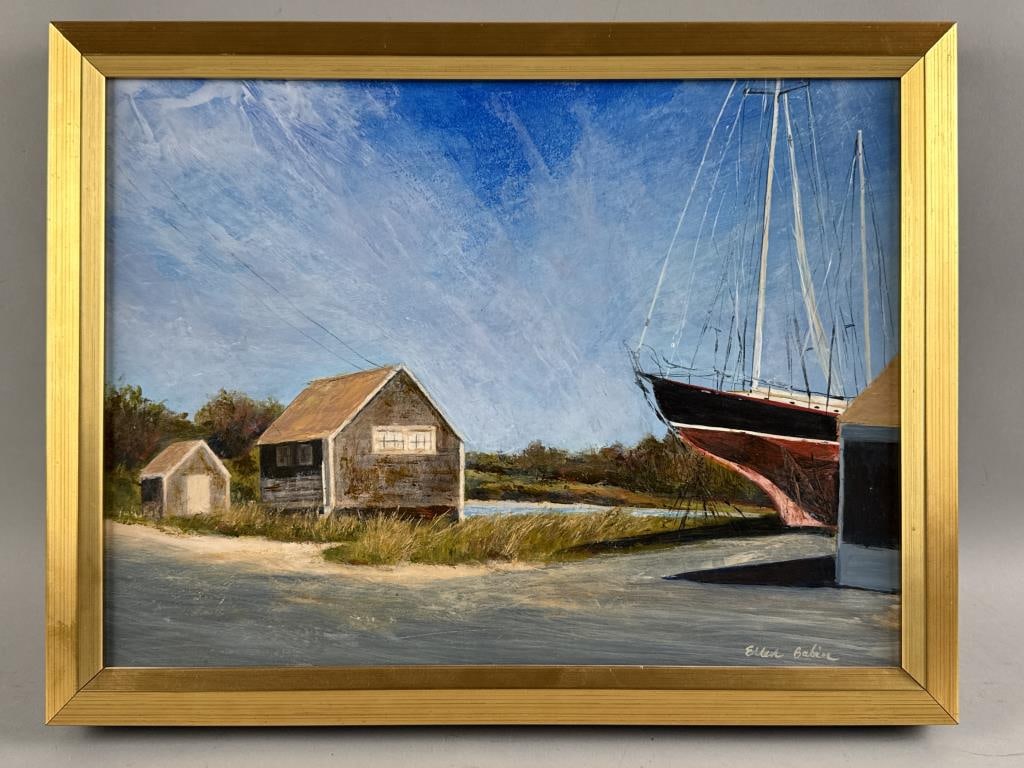 ELLEN BABIN (Massachusetts, Contemporary), "Fish out of Water"., Oil on board, 12" x 15". Framed: ELLEN BABIN Massachusetts, Contemporary "Fish out of Water". Signed lower right "Ellen Babin". Titled verso. Oil on board, 12" x 15". Framed 13.75" x 17.75".