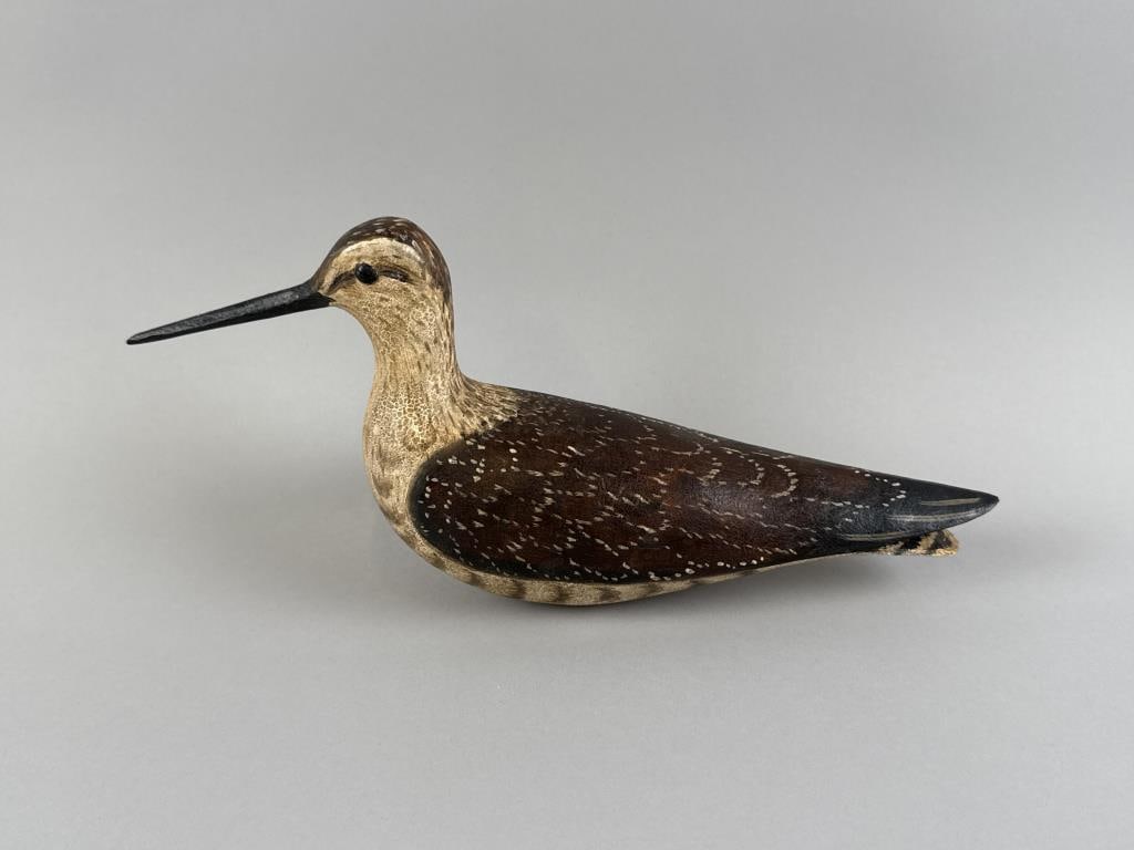 FRANK FINNEY ANTIQUE-STYLE YELLOWLEGS DECOY Capeville, Virginia, 1947- Length 12".: FRANK FINNEY ANTIQUE-STYLE YELLOWLEGS DECOY Capeville, Virginia, 1947- Carved "F" under the tail. Length 12".