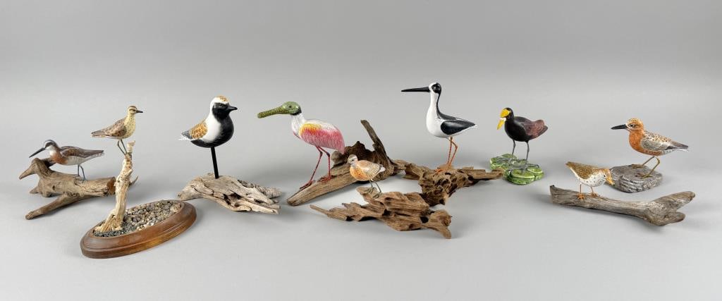 NINE ROSCOE A. CONDON MINIATURE SHOREBIRD CARVINGS Fitchburg, Massachusetts, 1935-2025 Heights from (1 of 5)