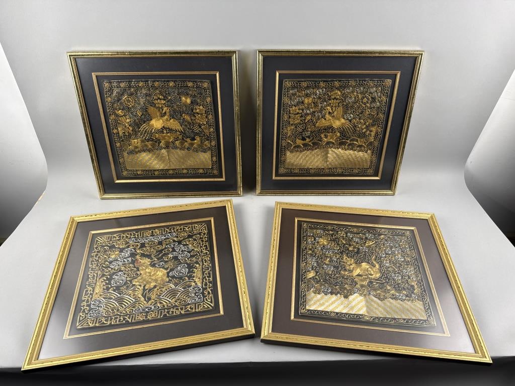 FOUR CHINESE RANK BADGES 20th Century 11" x 11.5". Framed 17" x 17".: FOUR CHINESE RANK BADGES 20th Century Each with gold and silver metallic threadwork and central decoration of a golden pheasant, foo dog or qilin. 11" x 11.5". Framed 17" x 17".