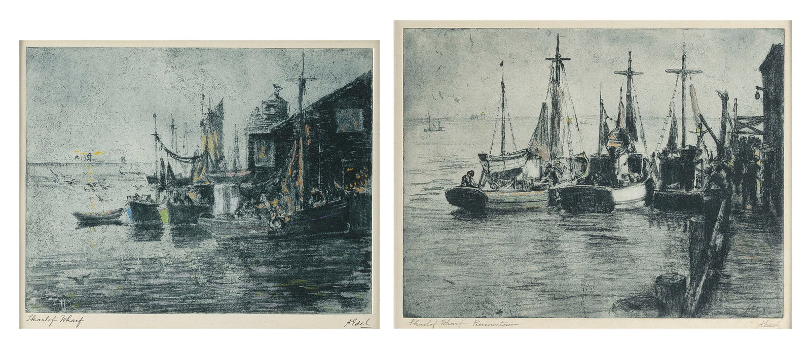 ALBERT EDEL (Massachusetts/France, 1894-1970), Two similar scenes of Provincetown, Massachusetts,: ALBERT EDEL Massachusetts/France, 1894-1970 Two similar scenes of Provincetown, Massachusetts, both titled "Skarlof Wharf". Signed and titled lower margins. Hand-colored etchings, 9" x 11.5". Framed 1