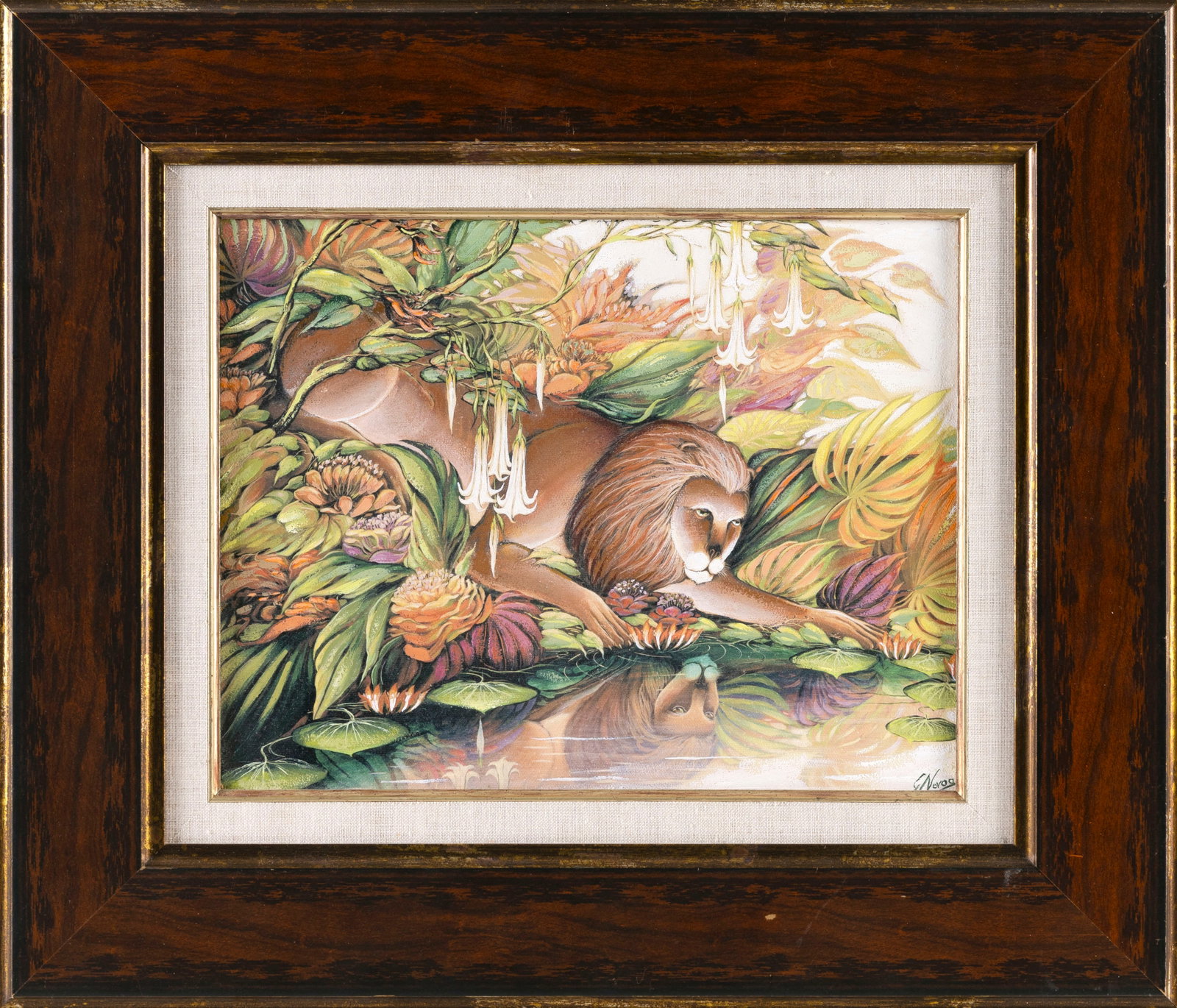GUSTAVO NOVOA (New York/Chile/France, 1941-), "Pensive Lion"., Oil on board, 11" x 14". Framed 18.5": GUSTAVO NOVOA New York/Chile/France, 1941- "Pensive Lion". Signed lower right "G. Novoa". Titled verso. Oil on board, 11" x 14". Framed 18.5" x 21.5".