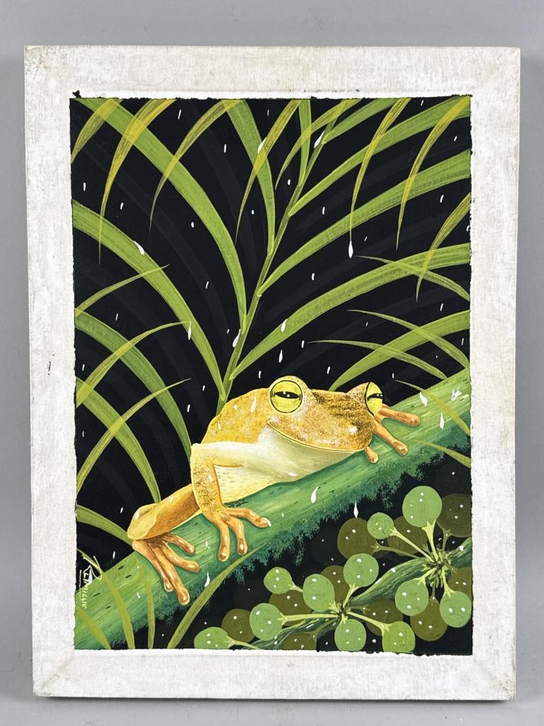 PAINTING OF A TREE FROG 20th Century Oil on canvas, 16" x 12". Framed.: PAINTING OF A TREE FROG 20th Century Signed illegibly lower left. Oil on canvas, 16" x 12". Framed.